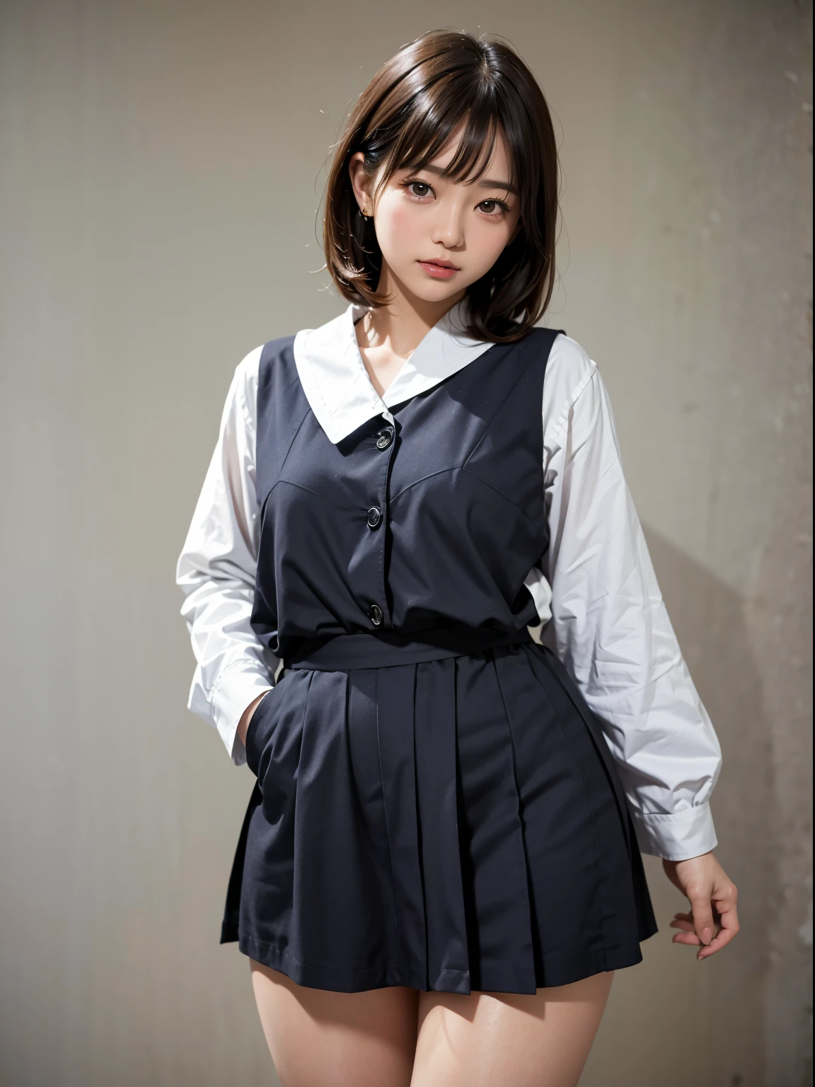 (8K, Raw photography, top-quality, masterpiece:1.2), One Woman、Japan at 24 years old,fullllbody.(Realistic Skins 1.4) 、(((hi-school girl、in school uniform)))、50mm Lens、30mm film、(a short bob、short-cut、bobhair、)(A dark-haired、The forehead is hidden by bangs、)、Black eyes、shinny skin.Beautiful delicate face、Beautiful delicate eyes、Thicker thighs、Voluptuous body shape、One piercing in each ear、simple background、Gray background、
