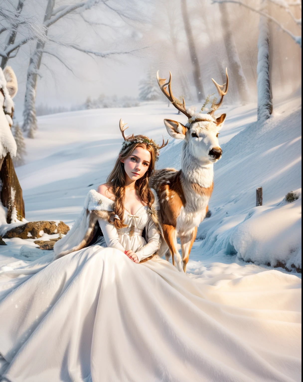 (Girl sitting with reindeer in the snow), (((((a deer skin cape falls from the shoulder+++++))))), ((((turns smoothly into a snowdrift )))))), (put the deer&#39;s head on its side+++), (((graceful horns on the head))), Fantasy photography, fantasy matte painting, ((((Volume++)))), lost in a dreamy fairy landscape, The White Witch, Young woman with horns, beautiful nordic woman, with white deer, Realistic fantasy, photograph of pale ivory skin, Monia Merlo Placeholder Image, emma watson as the queen of ice