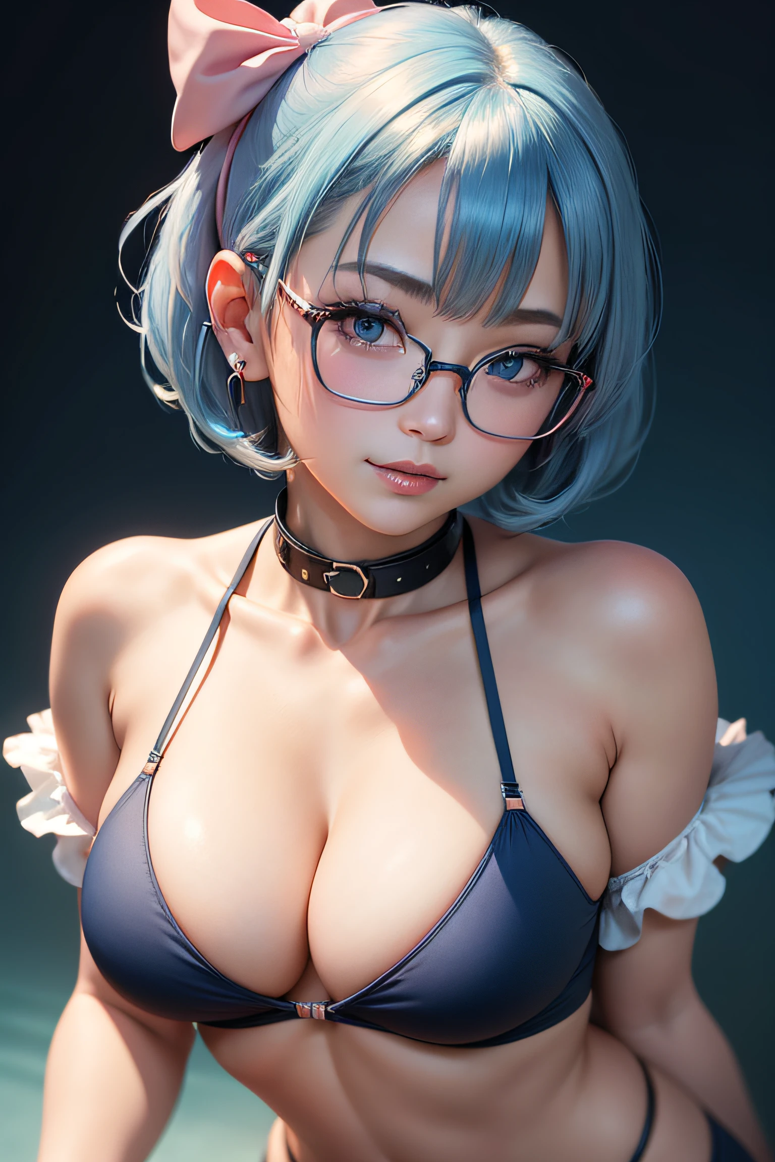 1girl, cute japanese girl, big eyes, sensual face, seductive smile, solo, short hair, erotic mini sport bra, she has big headphones, collar, collarbone, red sensual lips, off shoulder, perfect round breast, big breast, cleavage, underboobs, erotic, nsfw, glasses, blush, seductive smile, cute face, looking at viewer, sexy pose, blue background, light blue hair, simple background, sexy pose, blue eyes, lips, closed mouth, ribbon, hair ribbon, stellar earings, bangs, upper body, parted bangs, pink ribbon,