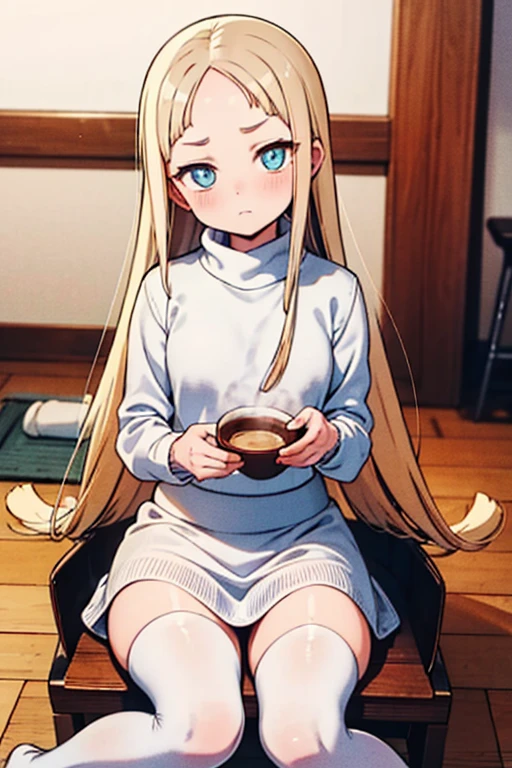 Young, slim, and very petite woman with long yellow hair, bangs across her forehead, and bright blue eyes with a threatening gaze. She is wearing a white turtleneck wool sweater, a mini skirt, and white stockings with flats, sitting on a wooden chair in a well-lit kitchen while sipping a cup of coffee.