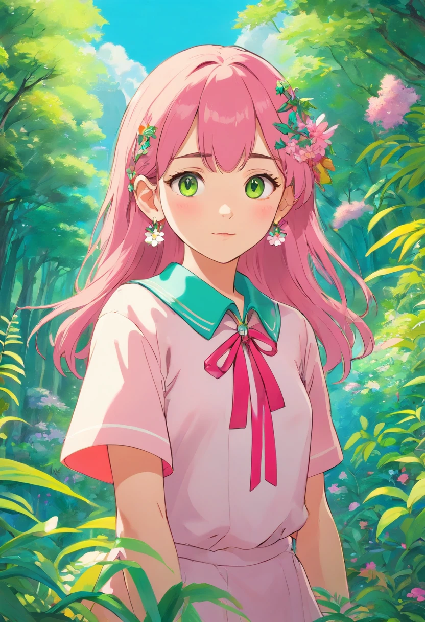 Anime Collar Girl, Long necklaces and earrings, In the style of a tranquil garden landscape, colorful animation stills, Masami Teraoka, neon color, paul gauguin, Embry style, Honest portrayal、Fluorescent pink、Fluorescent Green