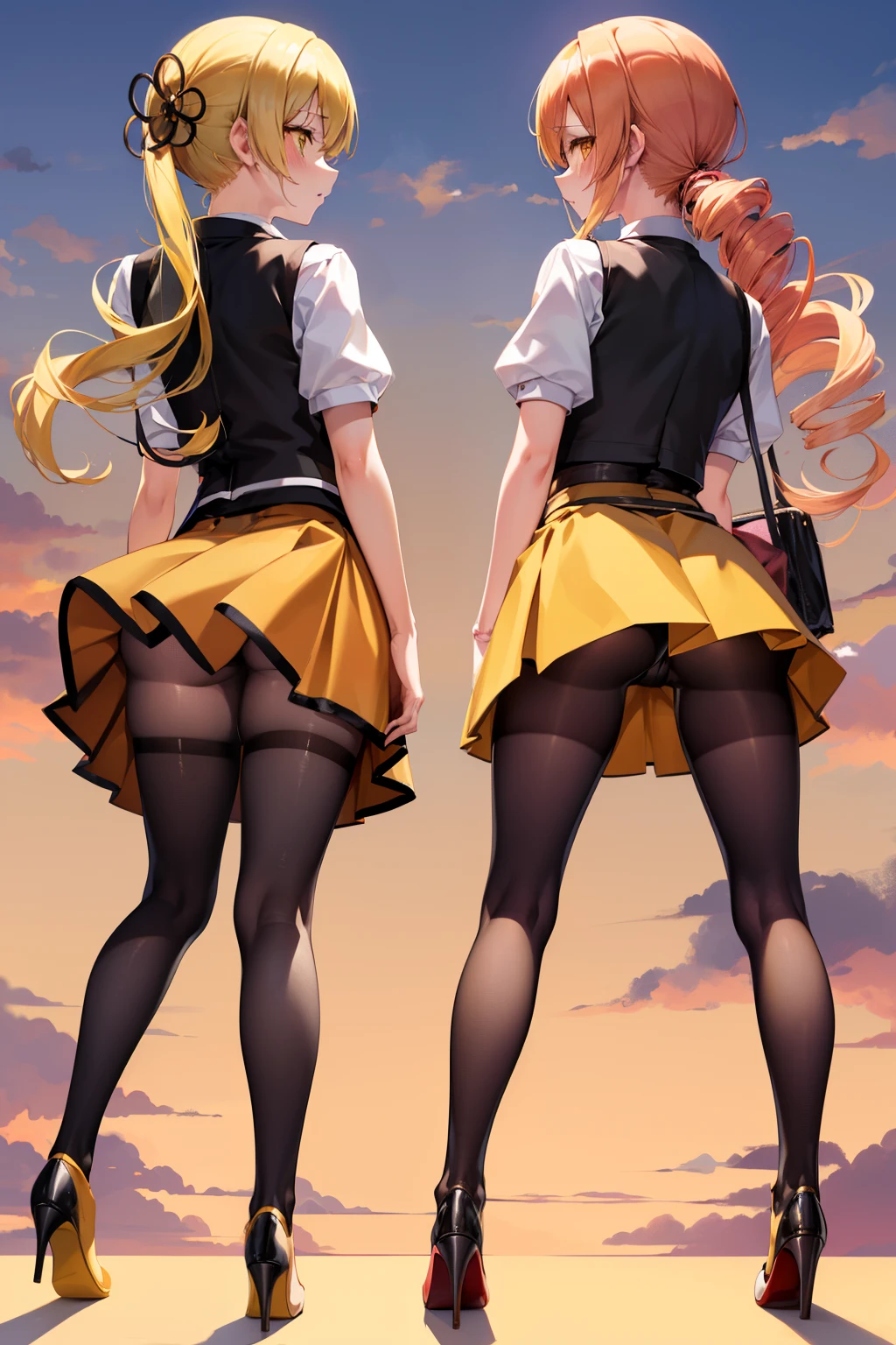 masutepiece, Best Quality, 1girl in, (Mami Tomoe), Blonde hair, poneyTail, length hair, (Yellow eyes:1.2), evening, Sunset,、((s ass))、((pencil skirts))、((Office Suits))、((Blouse))、((Black miniskirt))、((pantyhose))、((high-heels))、((vests))、((posterior view))