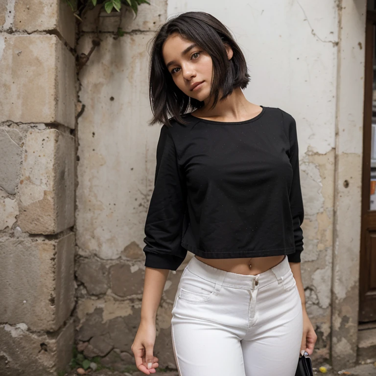 Ultra realista, 1personagem adolescentes mulher branca, cabelo cacheado, local rua ao lado de casas, reta para frente, estatura media, pouca peitos e bunda, Black blouse and white pants, ar livre ensolarado.