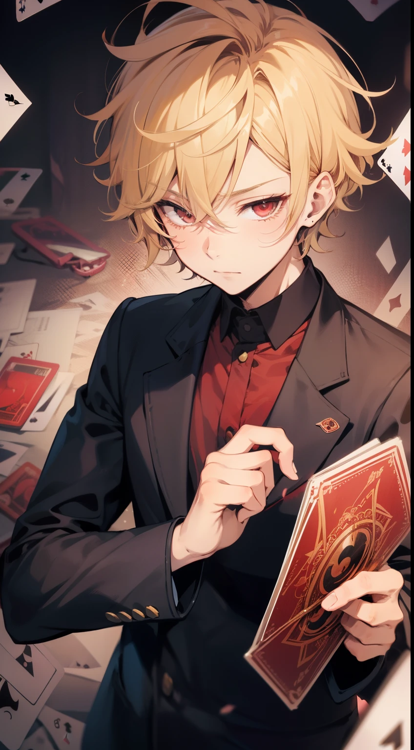 One Cute Boy, short curly blonde hair, Red Eyes, magician jacket, magician form, cana, PlayingCards, The Joker, masutepiece, hiquality, 4K, hard disk, good detail, Shota, winking