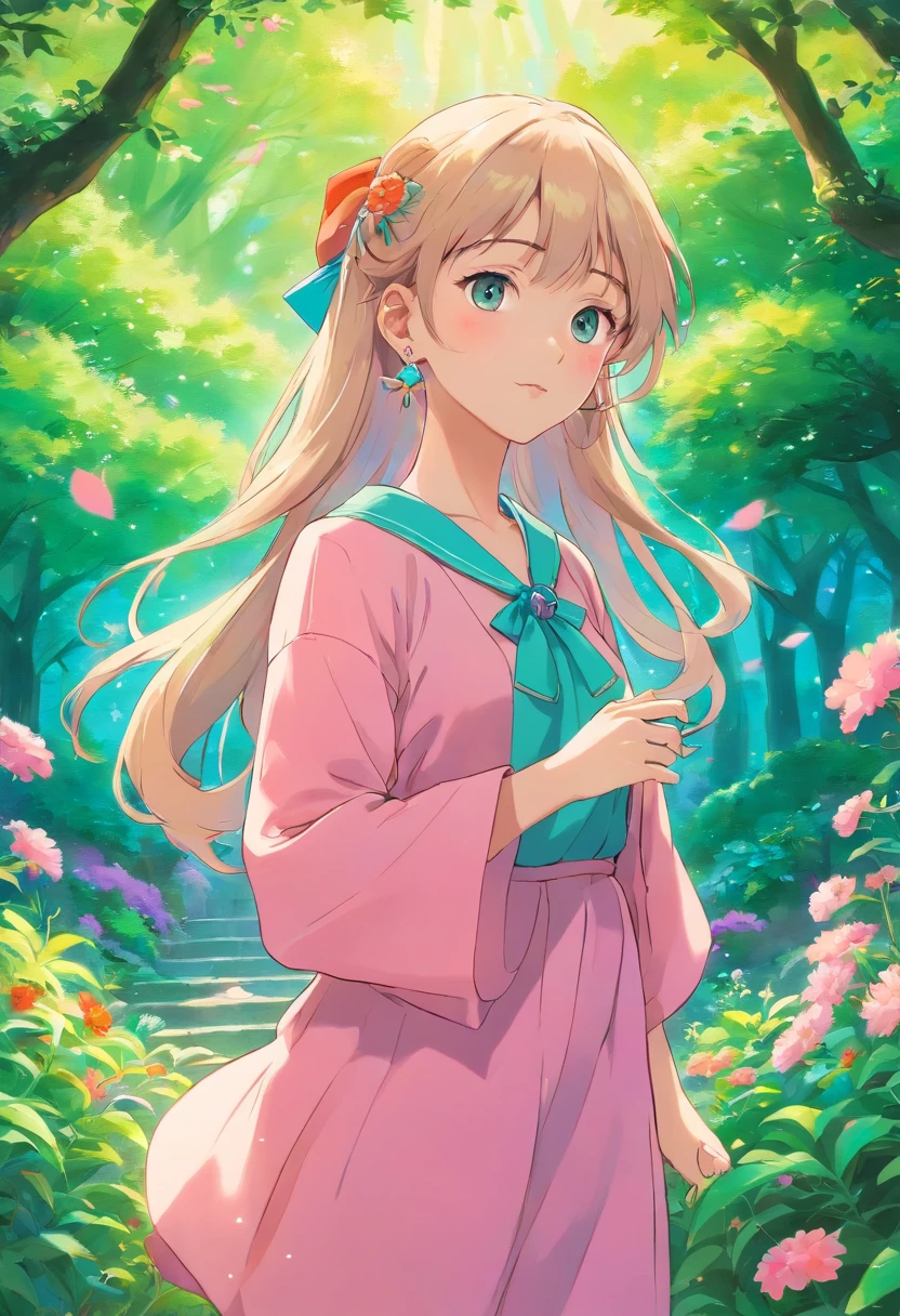 Anime Color Girl, Long necklaces and earrings, In the style of a tranquil garden landscape, colorful animation stills, Masami Teraoka, neon color, paul gauguin, Embry style, Honest portrayal、Fluorescent pink、Fluorescent green、I want to be saturated、Vivid Color
