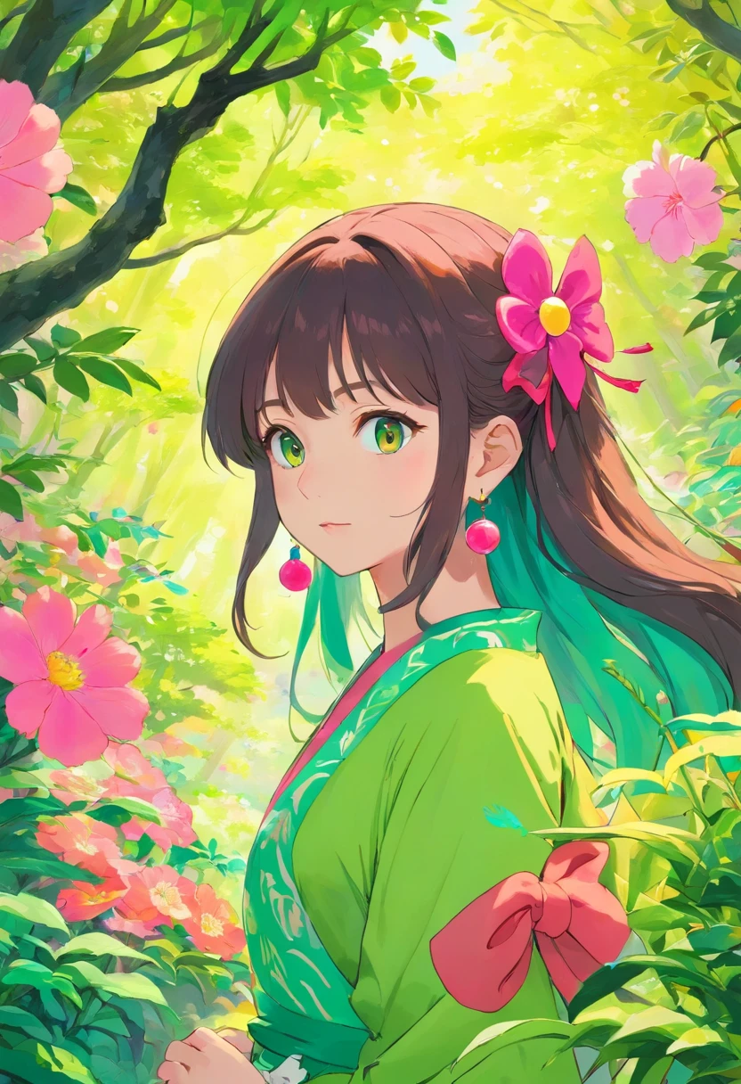 Anime Color Girl, Long necklaces and earrings, In the style of a tranquil garden landscape, colorful animation stills, Masami Teraoka, neon color, paul gauguin, Embry style, Honest portrayal、Fluorescent pink、Fluorescent green、I want to be saturated、Vivid Color