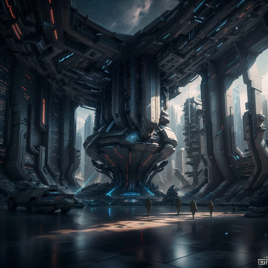 A realistic photo of a futuristic sci fi styled spaceship. It's Loading troops and military vehicles on an alien planet. Troops below are guarding the landing zone. The spaceship is very sophisticated, highly detailed and realistic, Very detailed and accurate. Very large and powerful. , 3d render, cinematic, photo realistic, 32K resolution ultra HD, hyper realistic, cinematic lighting, cinematic colors, volumetric lightings, octane render, unreal engine 5.3.