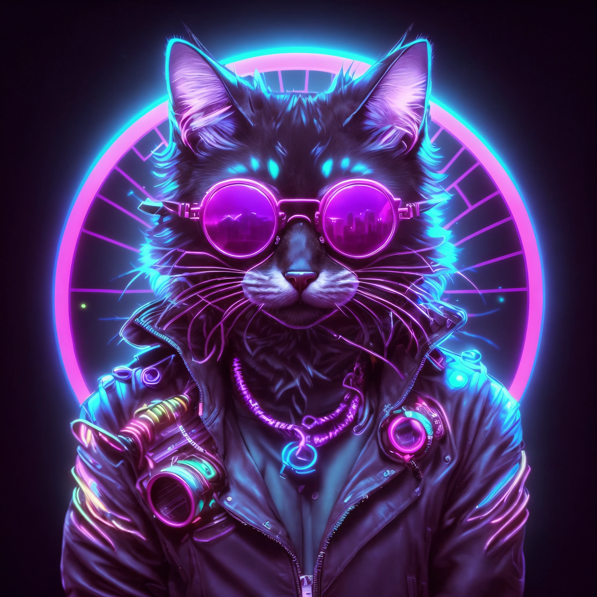 a cat wearing sunglasses and a leather jacket, cyberpunk cat, synthwave art style, synthwave art, masterpiece epic retrowave art, cat from the void, synthwave style, epic retrowave art, cybercat, neonpunk, cyberpunk art style, synthwave art style ]!!, an anthropomorphic cyberpunk fox, cyberpunk vibrant colors, space cat, cyberpunk vibe