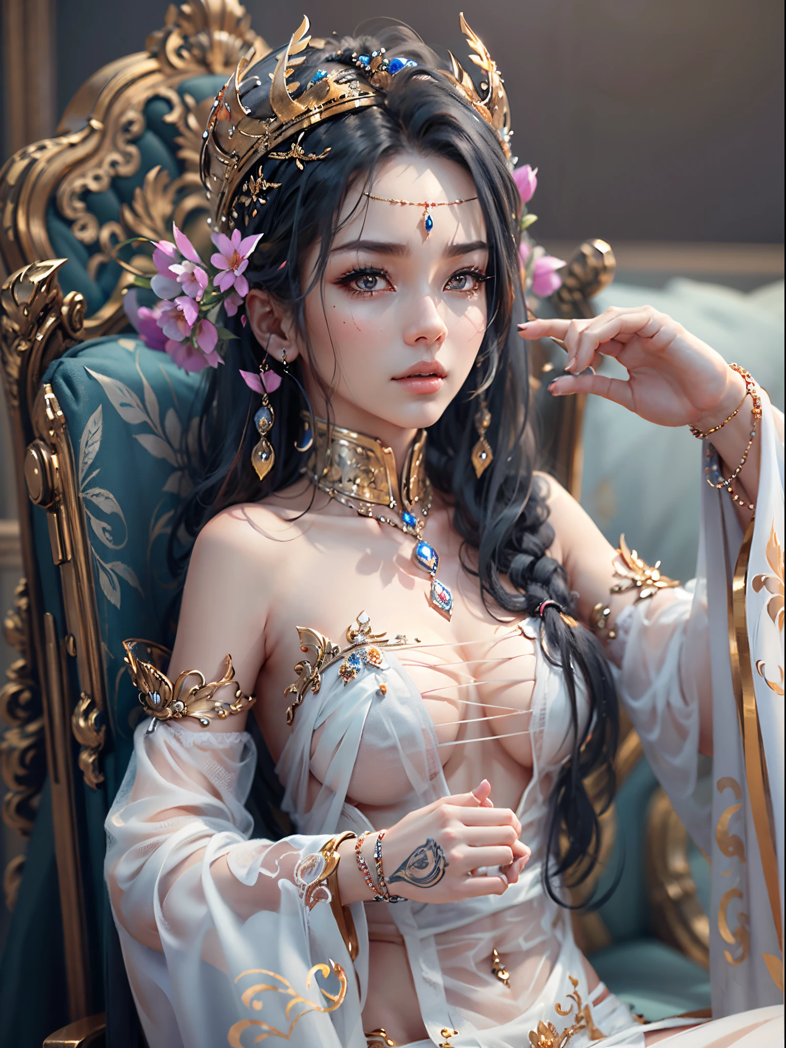 ((beauty of the emperor))、8K high image quality、Ultra-realistic details、masutepiece、3d rendered、Sexy costume with wide open chest、A detailed face、Detailed body、Detailed limbs、Best Quality、Best style、