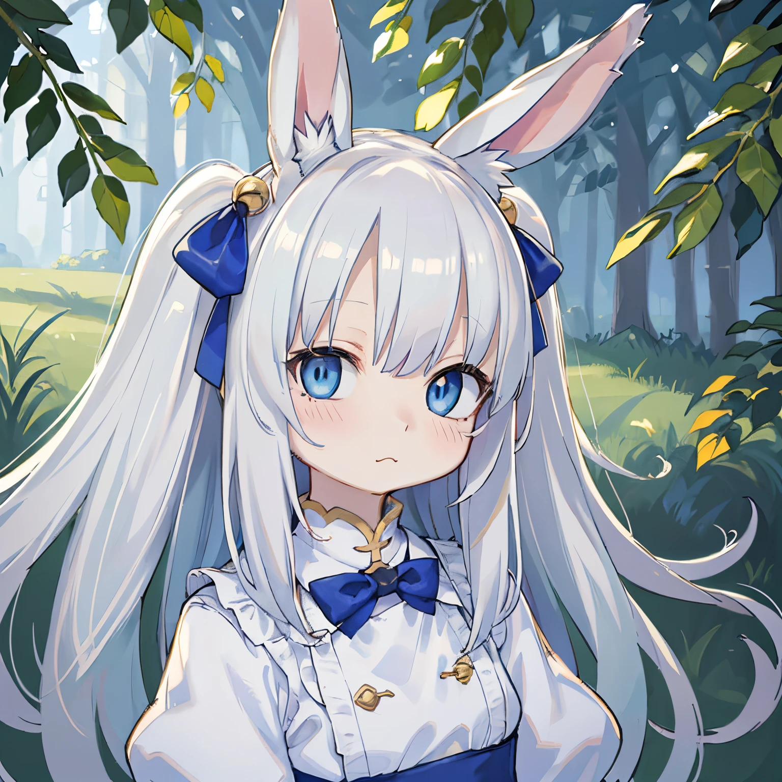 Anime girl with short bunny ears, white hair, dark blue eyes, white skinned, with a round face, Round Chin, Round eyes, Short neck, White clothes, Qi Liuhai&#39;s long silver hair, The neckline has a light blue bow and gold bells, kawaii realistic portrait, Anime cute art style, Cute and natural anime face, Rabbit ears anime girl,  pretty anime face, perfect anime face