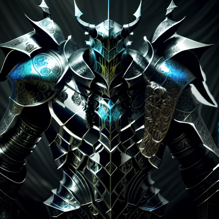 Hulking knight with horned helmet and blue armour with a jewel encrusted long sword, behind view, facing away from the camera,