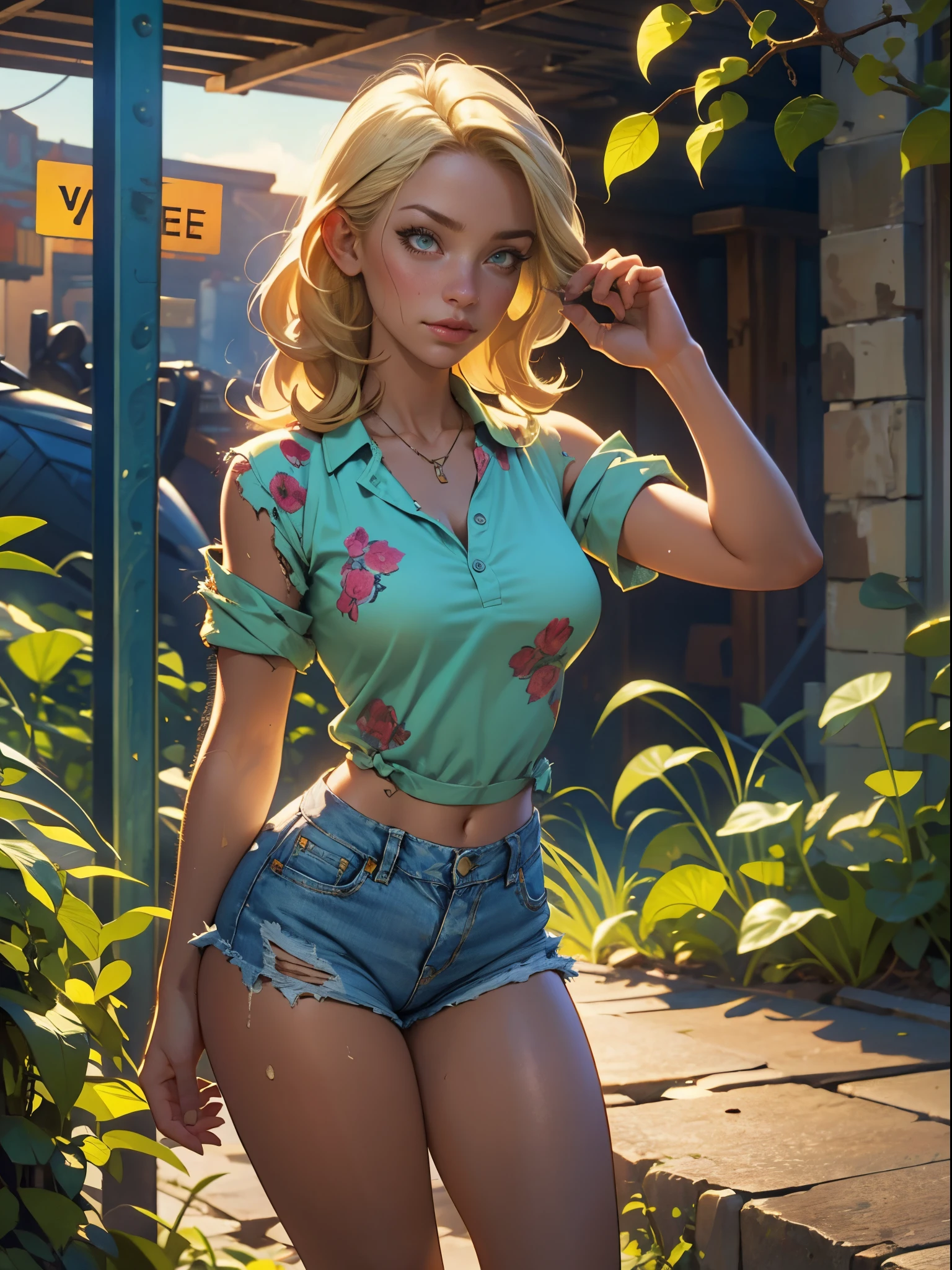 2076 year. The Ruins of the Wasteland, Female huntress picking fruit in the garden, beautiful face, blonde, badly torn shirt and denim shorts , long legs, sweating through, sun rising, Nice warm colors, head to toe, full body shot, pretty hands, perfect fingers,