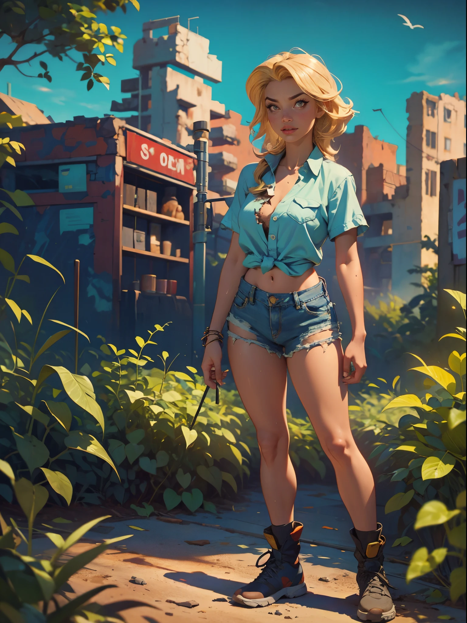 2076 year. The Urban Ruins of the Wasteland, Female huntress picking fruit in the garden, beautiful face, blonde, badly torn shirt and denim shorts ,  long legs, sweating through, sun rising, Nice warm colors, head to toe, full body shot, pretty hands, perfect fingers,