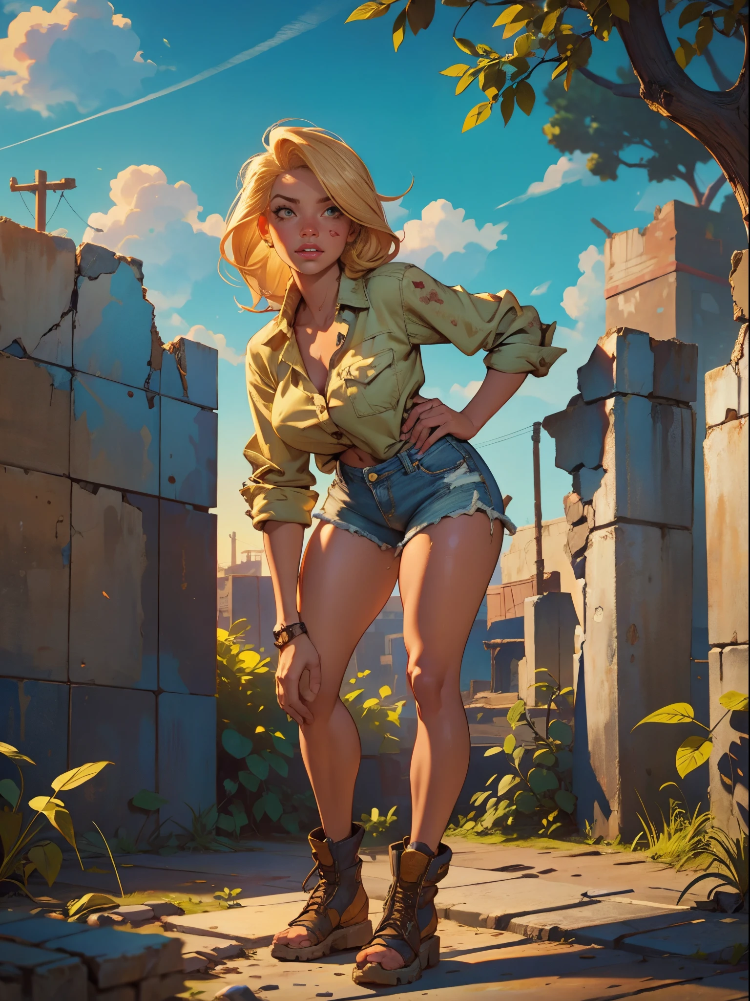 2076 year. The Urban Ruins of the Wasteland, Female huntress picking fruit in the garden, beautiful face, blonde, badly torn shirt and denim shorts ,  long legs, sweating through, sun rising, Nice warm colors, head to toe, full body shot, pretty hands, perfect fingers,