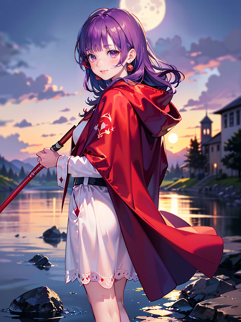 ((((DQ2 Moonberg Princess)))), ((1little girl)), ars, (((deep purple hair))), ((Blunt bangs)), (Fluffy long hair), (Deep red eyes), ((((red hood)))), (Lotto emblem on the hood), (((purple red stole))), Pearl earrings, (((White robe with red edging))), ((drooing eyes)), Holding a magic wand in his left hand, 

((By the river)), Crescent, Healing Magic, 
photographrealistic, Sense of depth, Absurd resolution, High resolution, 8K, 4K, detail, Best Quality, (Raw photo, Best Quality, masters:1.2), (Realistic, Photorealsitic:1.37), ultra-detailliert,
Smile, Looking at the camera, full-face blush, , (Walking), (Looking back), Angle from back, Full body shot,