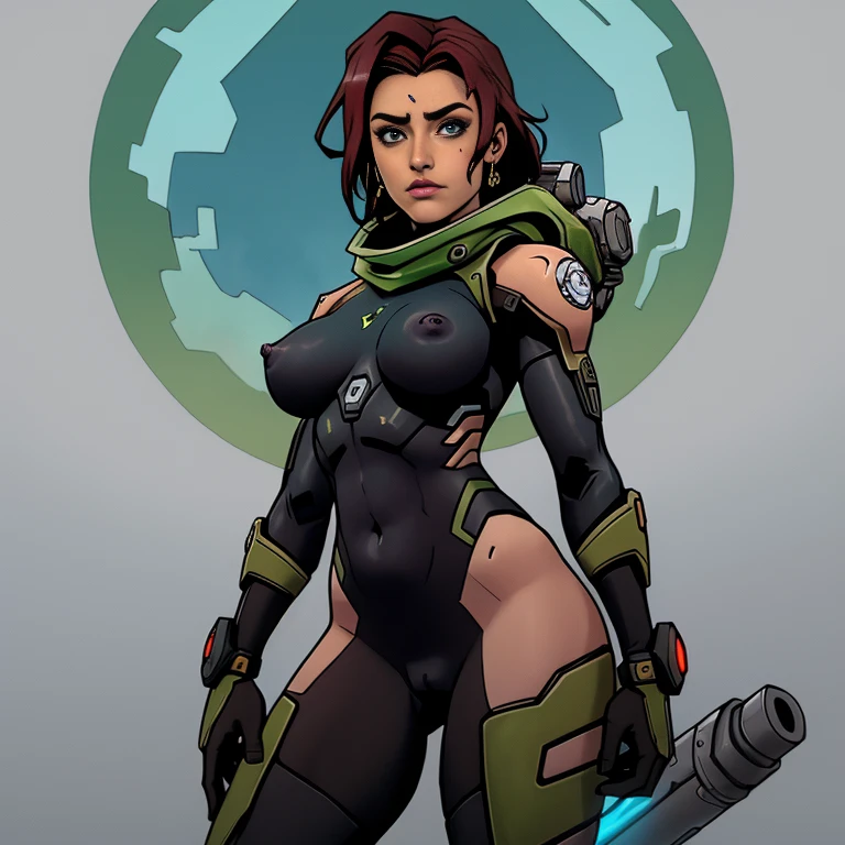 (((nsfw, SCI-FI, pele escura, desenho de linha, aquarela, seios muito grandes, seios enormes))), uma nsfw arte de personagem HD, personagem mulher negra do jogo Borderlands, cabelo preto preso em um longo rabo de cavalo e ondulado com reflexos azuis, verde olhos, em uma pose dinamica de combate, pronta para enfrentar seus inimigos, behind her a futuristic desert, personagem NAKED do jogo Borderlands. Esta imagem de alta qualidade, renderizada em 8K Ultra HD, mostra detalhes intrincados da cena. obra-prima aprimorada digitalmente ou pintada com requinte, scientific fiction, fronteiras, postura ativa, estilo de quadrinhos