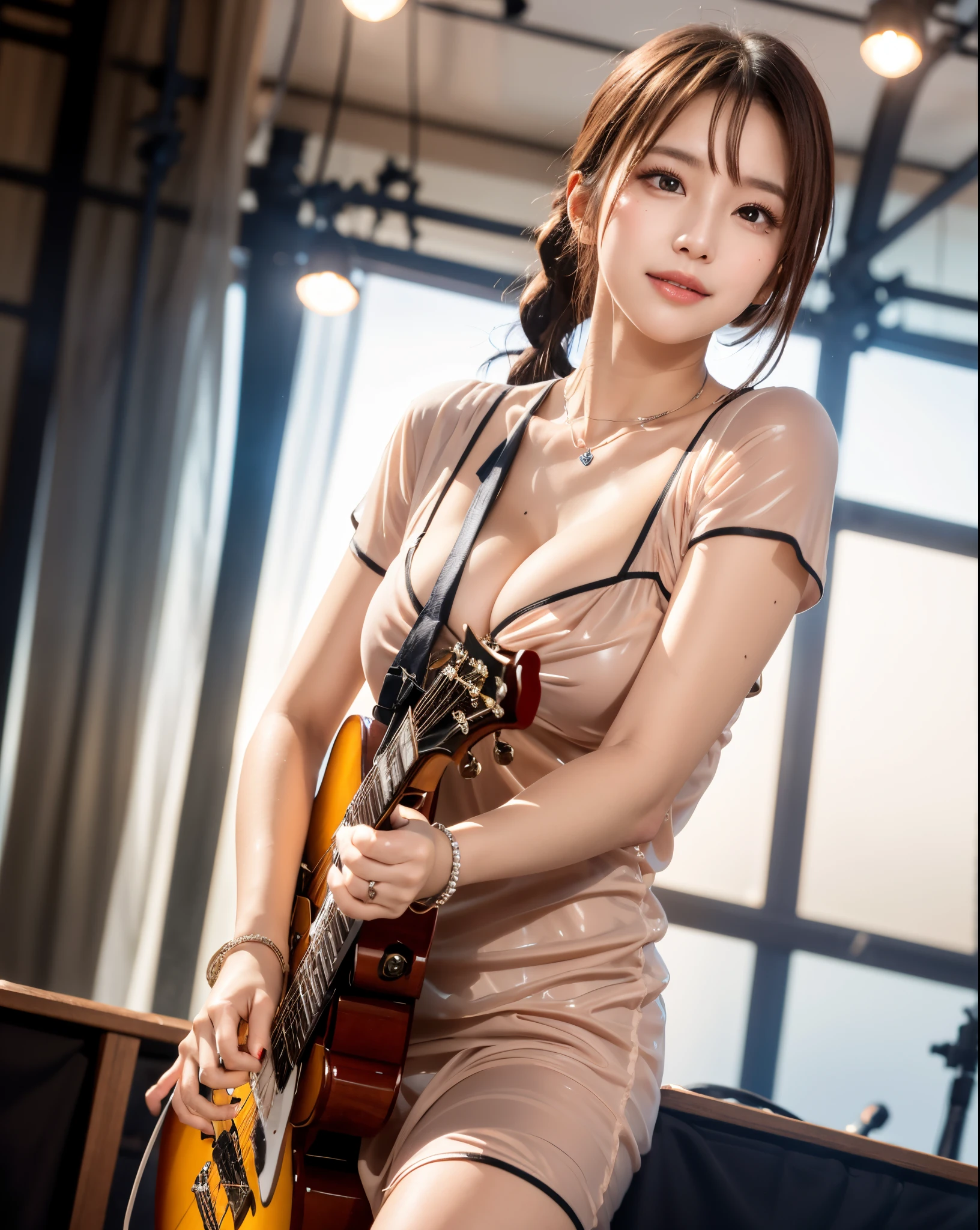 (Realistic, Photorealistic: 1.37), (masterpiece:1.3, Best Quality: 1.37), (Ultra High Resolution:1.2), (Raw photo:1.2), (Sharp Focus:1.3), (Face Focus:1.2), (Ultra detailed CG unified 8k wallpaper:1.2), (Beautiful skin:1.2), (shiny skin:1.3), (hyper-sharp focus:1.5), (Ultra Sharp Focus:1.5), (Beautiful pretty face:1.3), (The face of the Japan actress:1.3), (hyper detailed background, Detail Background:1.3), Real Human Skin, (Detailed face), (symmetrical eyes), (detailed and real fingers), front face, low angles, looking down to viewer, cowboy shot, BREAK, 1girl:1.3, 20 years old, slim, (middle breasts:1.37, show cleavage), glossy lips, natural makeup, Idol singer standing in the center of the stage, beautiful spot light, BREAK, ((Sexy Pajamas)), ((Colored transparent night dress)), ((Sheer ))), knee-high boots, piercings, a necklace, bracelet, hair-style(high ponytail:1.3), idol smile, Beautiful posture, An idol singer is holding a electric guitar and a microphone, background(idol stage):1.3, (LoRa:BetterDetailAndLighting:0.5), (LoRa:KiraKiraEffect:0.5), (Korean Idol, Gravure Idol)