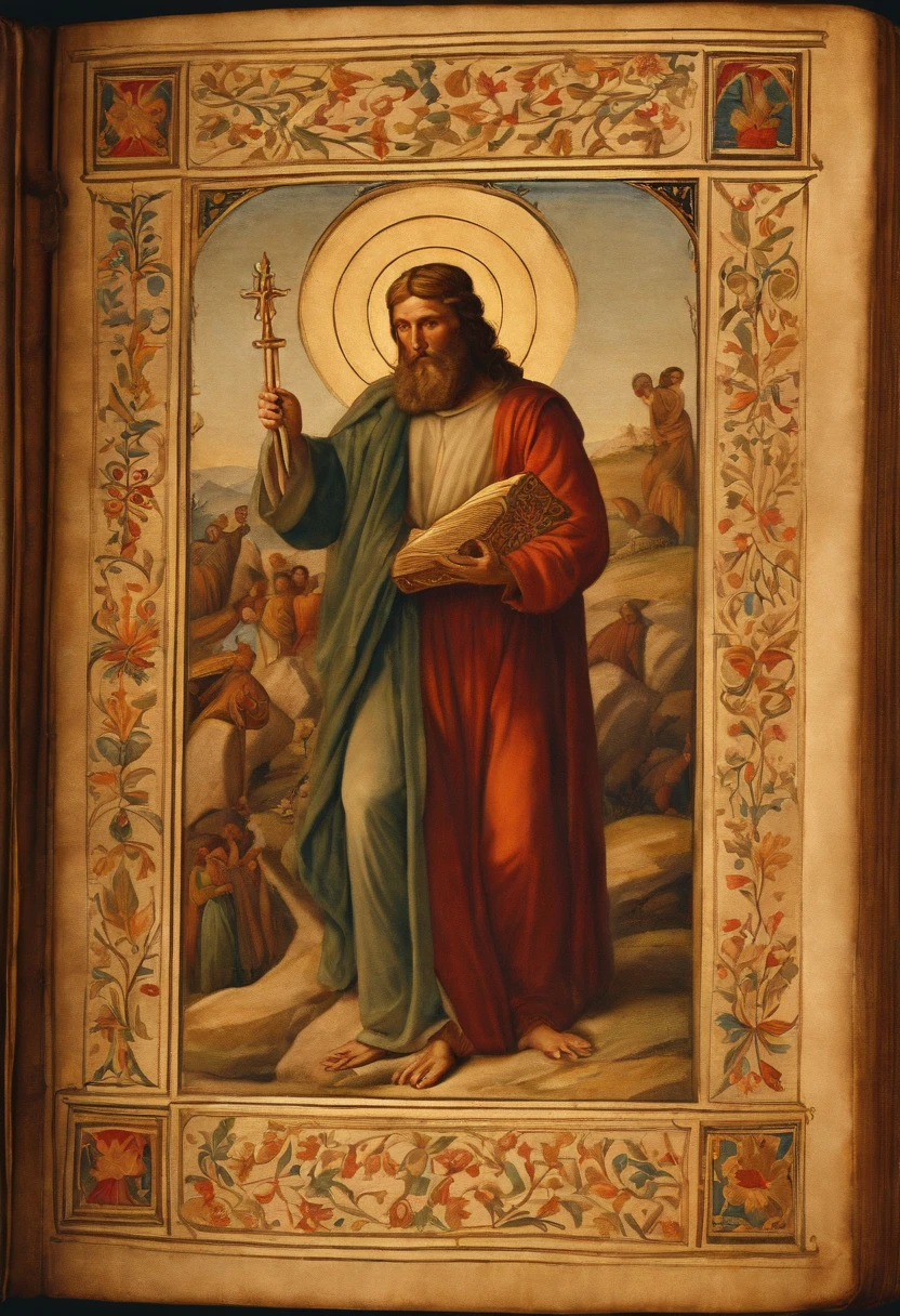 A photo of the character carefully illuminating a beautifully decorated manuscript with intricate illustrations,original,The Bible itself, male