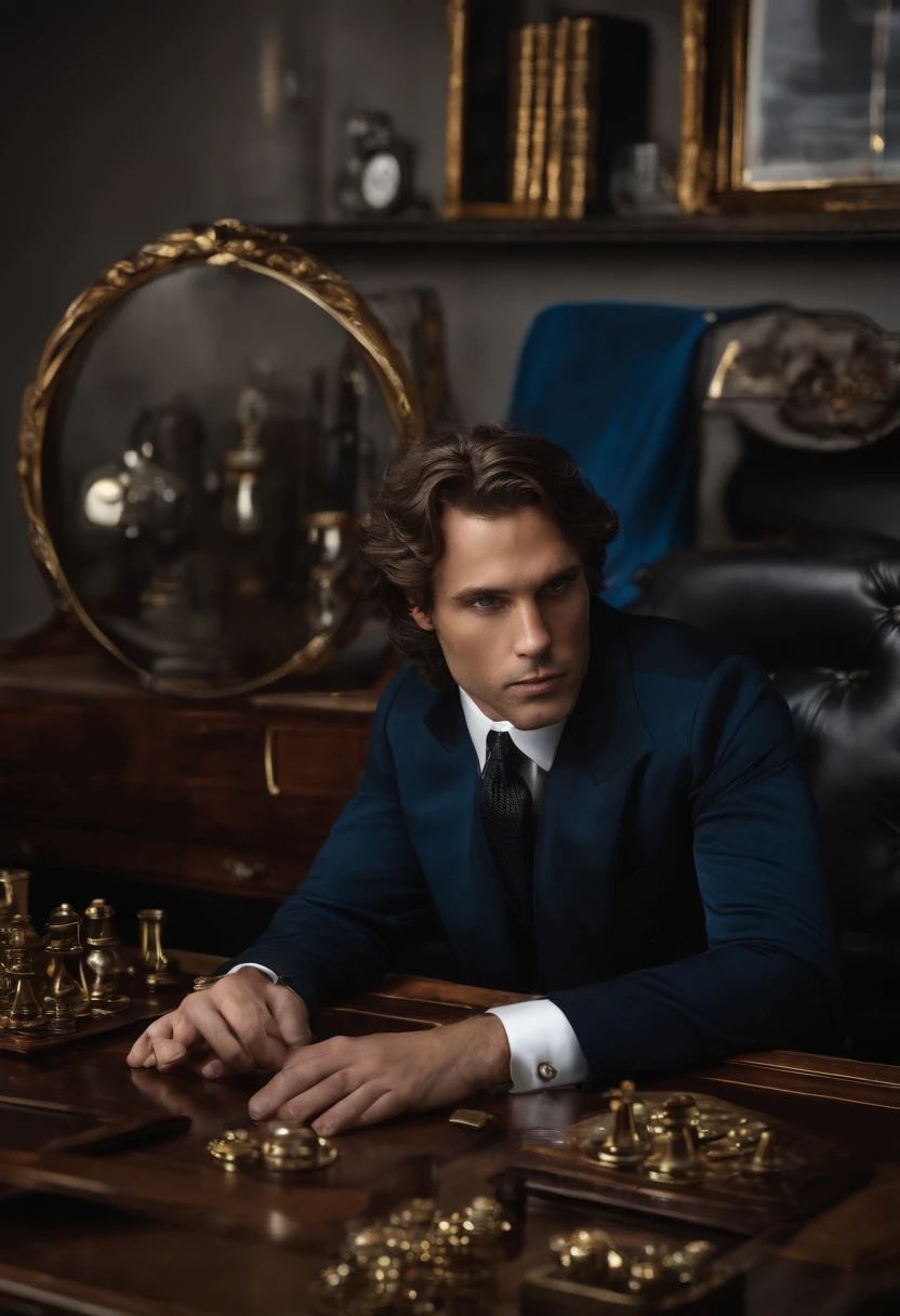 A photo of Alexander Morcroft sitting at a sleek, modern desk, examining a set of stage props with a critical eye and a look of intense determination.,original,Alexander Morcroft, once a celebrated magician, now stands as a vengeful figure in the magic community. His appearance is striking, with piercing blue eyes and an angular face, framed by disheveled black hair streaked with grey. He turned against his peers after a betrayal where his own unique illusions were stolen and used without credit, deeply wounding his pride and sense of justice. , male