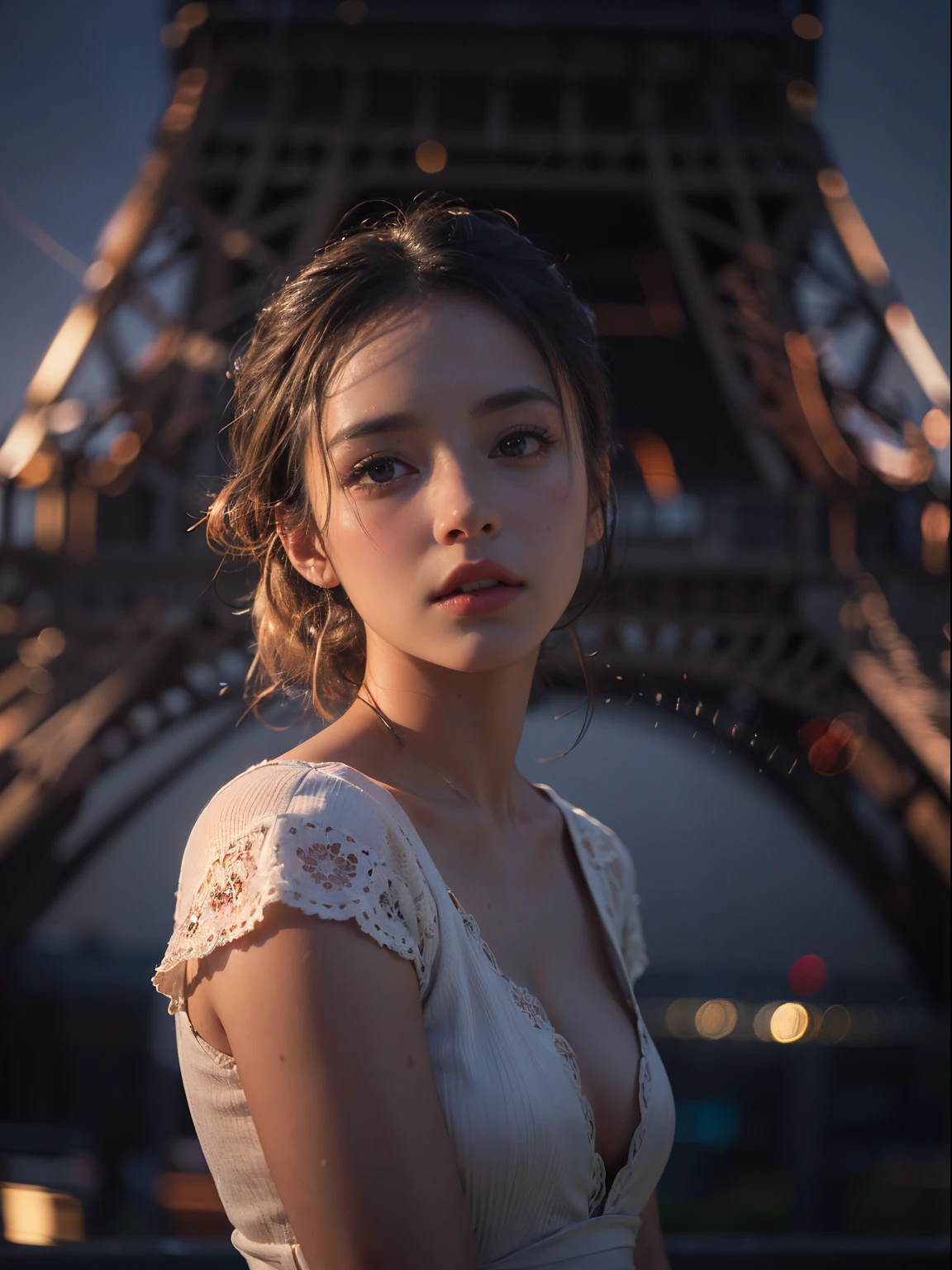 (8k, RAW, professional, best quality, masterpiece:1.2), (realistic, photorealistic:1.4), (anamorphic lens), (lens flare), (long exposure), (highest detailed skin:1.2), (highest detailed face:1.2), cinematic lighting, 1girl, standing on Eiffel tower, wearing flat white dress, night time, warm white light, (windy), look at the camera