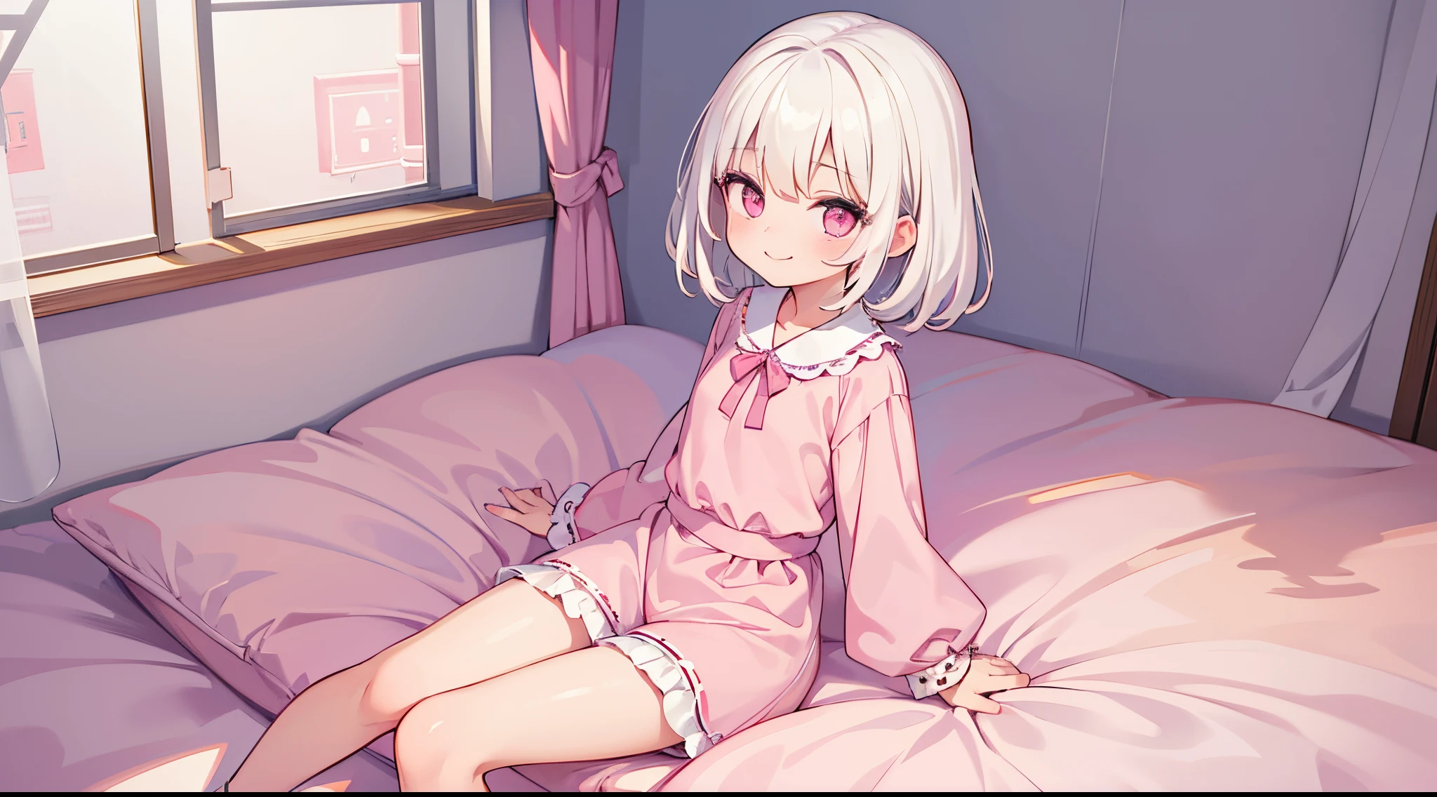 (masterpiece),(Top image quality),hight resolution,(Dainty and cute),(ighly detailed), 1girl, 独奏,illustratio,Fantasia,short,white hair,perm,s Pajamas,Pink eyes,Smaller chest,a smile,Background through,on the beds