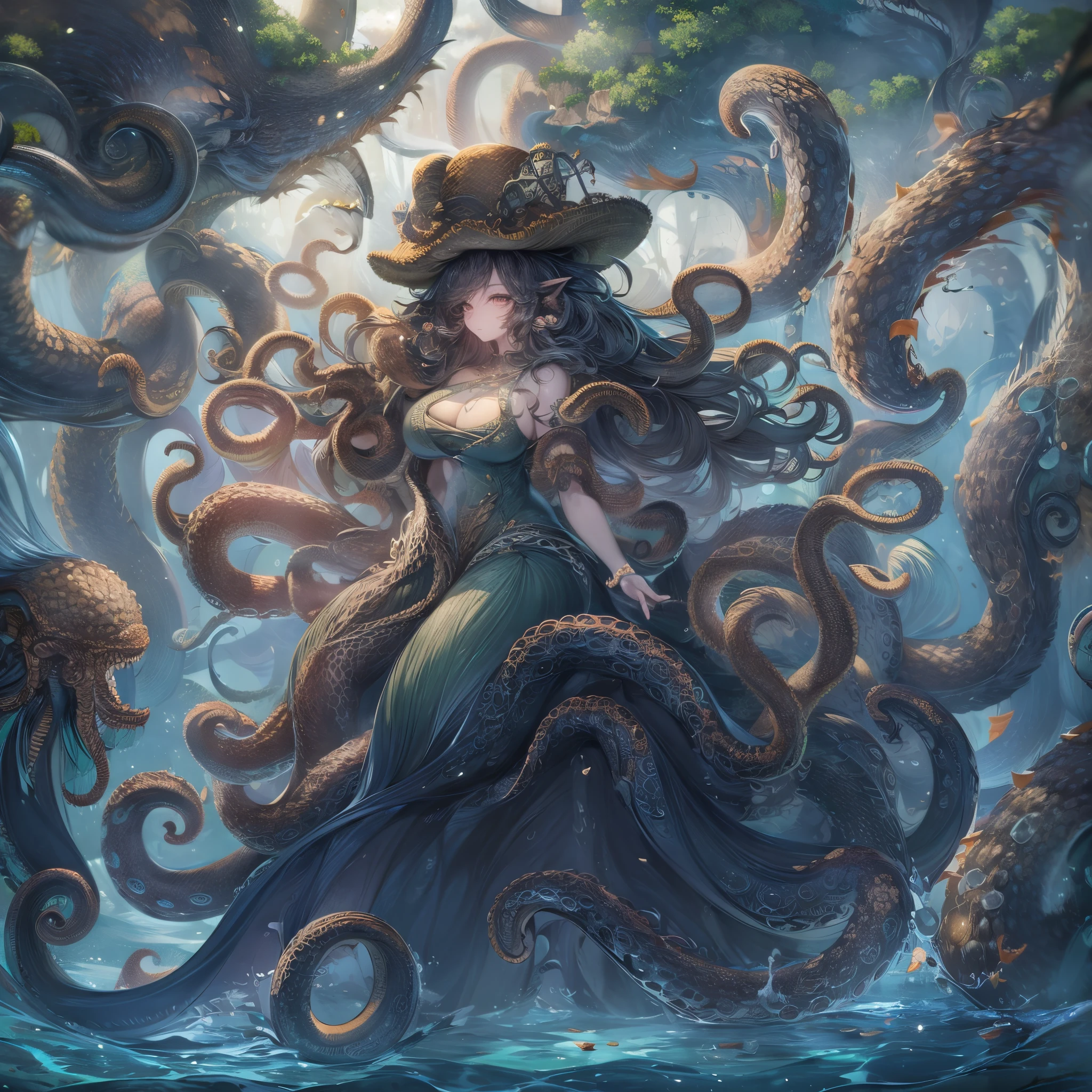 Monster Girl, Kraken, femele, Below the deep sea, Ancient gods, Wavy curly hair, Behemoths of the Sea, Summon Octopus Tentacles, Gentle personality, Lord of the seas, The upper body is in human form, A plump chest, Slim and tight waist, The lower body is made up of octopus tentacles, Wearing a priest hat, Huge body, Great power, UHD, masterpiece, ccurate, high quality, highres, best quality, 16k