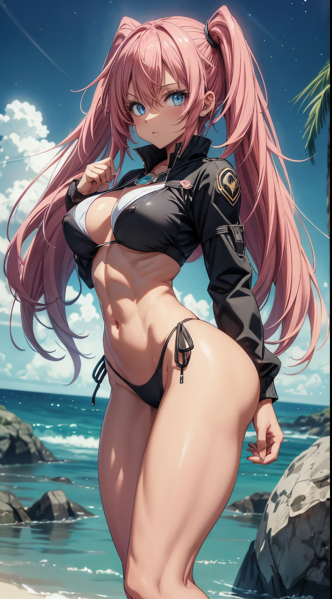1 girl, (medium breasts))) (((big ass))), (((wearing short bikini))), (long pink hair), (((blue eyes))), (on the beach at night with sky starry and full blood moon), (slim waist), (big butt), (thin, muscular legs), muscular belly, bare feet, (facing me), full body photo, Double tails, long eyes, Reflection ocular, bad mood, anime, anime style, ray tracing, shine, drop shadow, panorama, Sony FE, 8k, UDisk, piece of master, precise, anatomically correct, Super Detail, best quality, ultra high-resolution, Hard disk, 16k