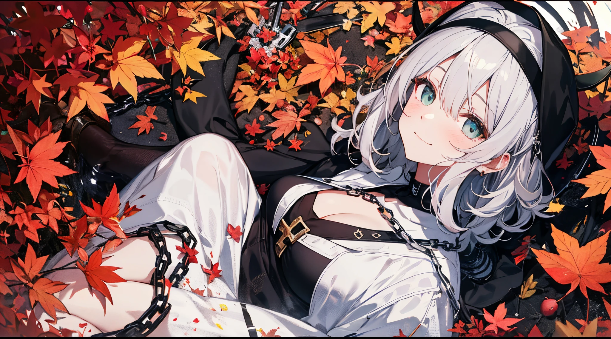 ((tmasterpiece:1.4, Best quality at best))+, (hyper-detailing)+, (Green-eyed:1.5)+, (winged ears:1.5), (cute girls), (Exquisite black nun dress:1.5), Short hair details, Long braids on both sides, (wariza:1.2), pale-skinned, (white cloth:1.5), (black sash,,black long pants:1.4), dense fog, metal chains,red flower,Autumn leaves,baiyun,White wings,crosses,Chis,(Angel nuns:1.1), (dawn light:1.2), ), (Close-up cleavage:1.1), (elevation perspective:1.3), fingersmile, light blush, forehead jewel, Colored inner hair, Striped hair, black color hair, god light,The halo,