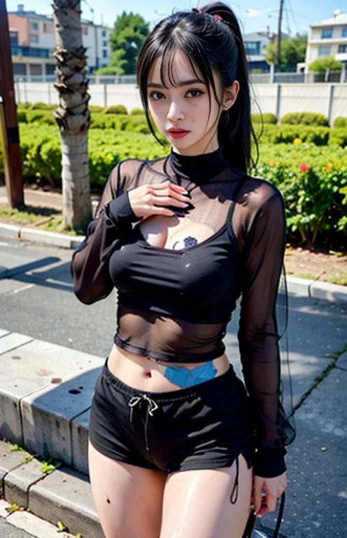 Expose navel,Anime Girls,Black hair,High Ponytail,Blushlush,is shy,Clothes get wet from sweat,Translucent clothes,a corpse approaches,Joggers,exposing the lower half of the chest,,,Poor milk,Breath comes out of the mouth,black pupils,quadratic element,animate,Tear mole