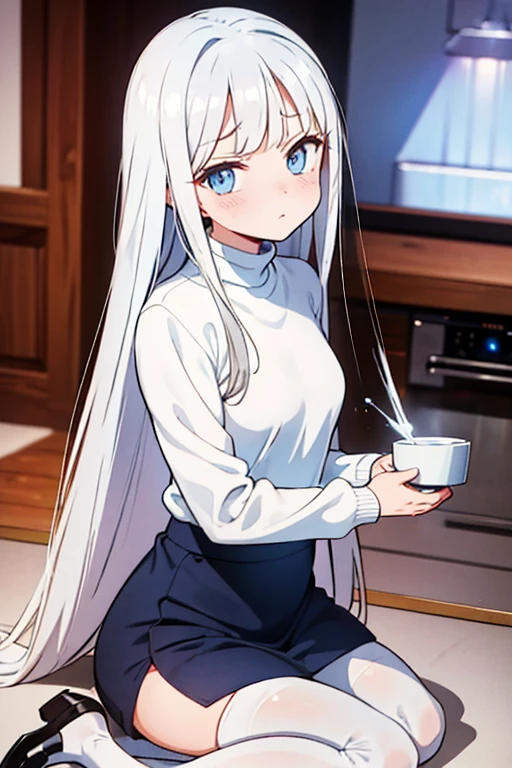 Young, slim, and very petite woman with long silver hair, bangs across her forehead, bright blue eyes, and a threatening gaze. She is wearing a white turtleneck wool sweater, a mini skirt, and white stockings with a shoe, sitting on a wooden chair in a well-lit kitchen while sipping a cup of coffee.