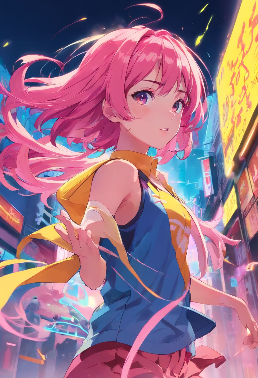 Fluorescent pink hair、Fluorescent Green Clothing、neon color、Vivid Color、battle garments、length hair、illustratio、Saturated colors、Dynamic angles、dynamicposes、Rin々Shishi Face、Dynamism、Two people、frontage、simultaneous、Attack Motion、Facing the front、Saturated colors、a man and a girl