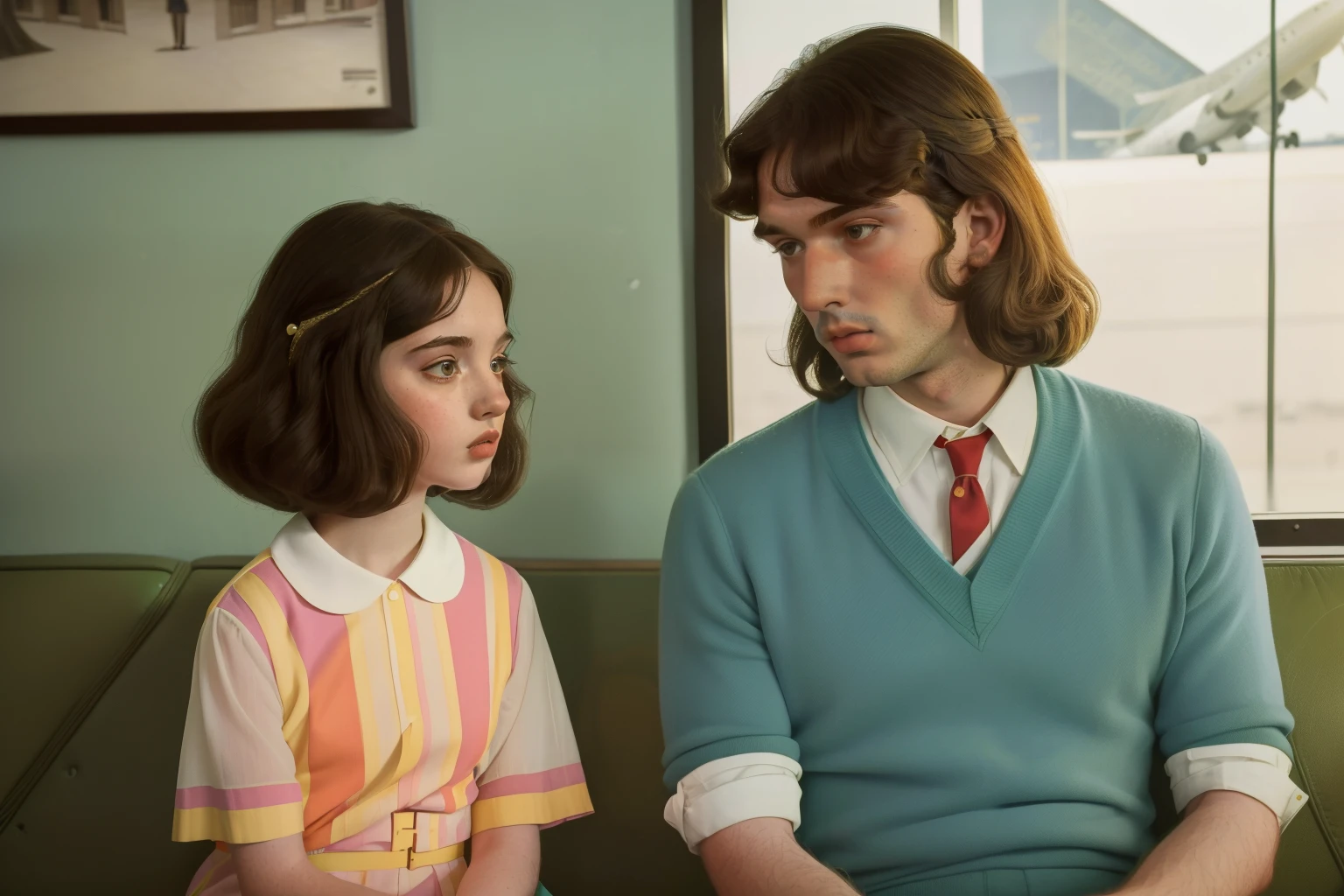 1965, Italy. Pre-raphaelite ((((20-year-old)) young rascal man)), celebrity, famous actor, in an airport, talking with a ((young 10-year-old girl)), upset, teary eyes, ((((Clothing from the 1960s)))), ((Hairstyle of the 1960s)), ((Wes Anderson cinematic style)), colorful