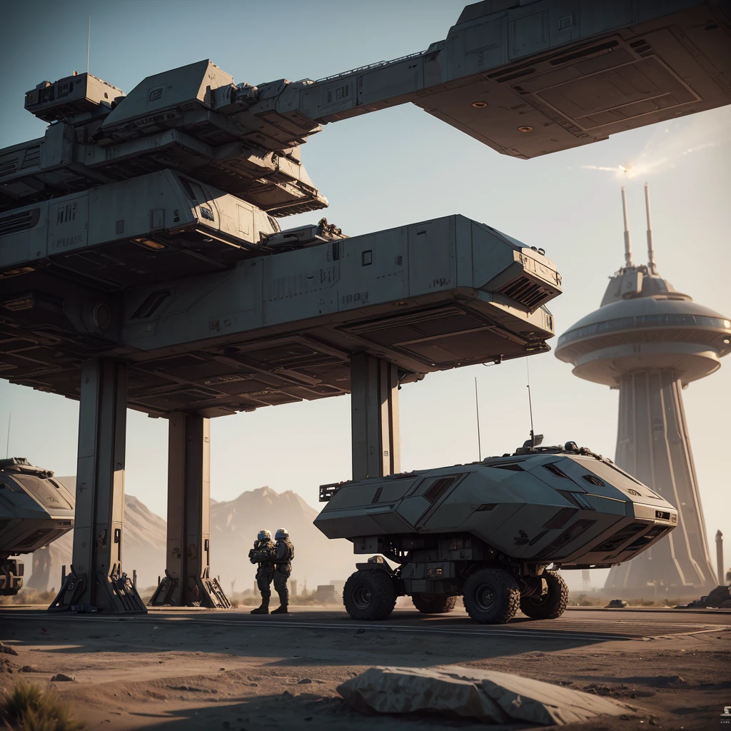 A realistic photo of a futuristic sci fi styled spaceship. It's Loading troops and military vehicles on an alien planet. Troops below are guarding the landing zone. The spaceship is very sophisticated, highly detailed and realistic, Very detailed and accurate. Very large and powerful. , 3d render, cinematic, photo realistic, 32K resolution ultra HD, hyper realistic, cinematic lighting, cinematic colors, volumetric lightings, octane render, unreal engine 5.3.