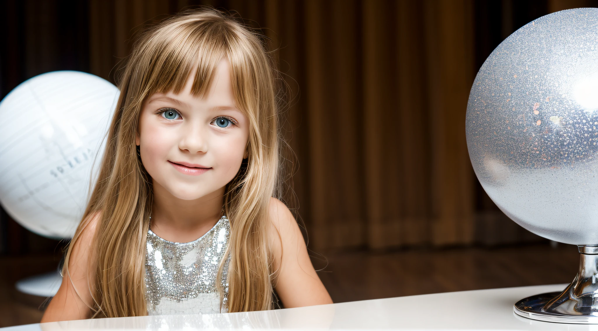 close-up CHILDREN BLONDE GIRL WITH LONG HAIR, em um vestido branco, sentado em uma mesa brilhante, usando um vestido prateado, vestido prateado extravagante, em um quarto branco, solo photo shoot, globo discoteca.