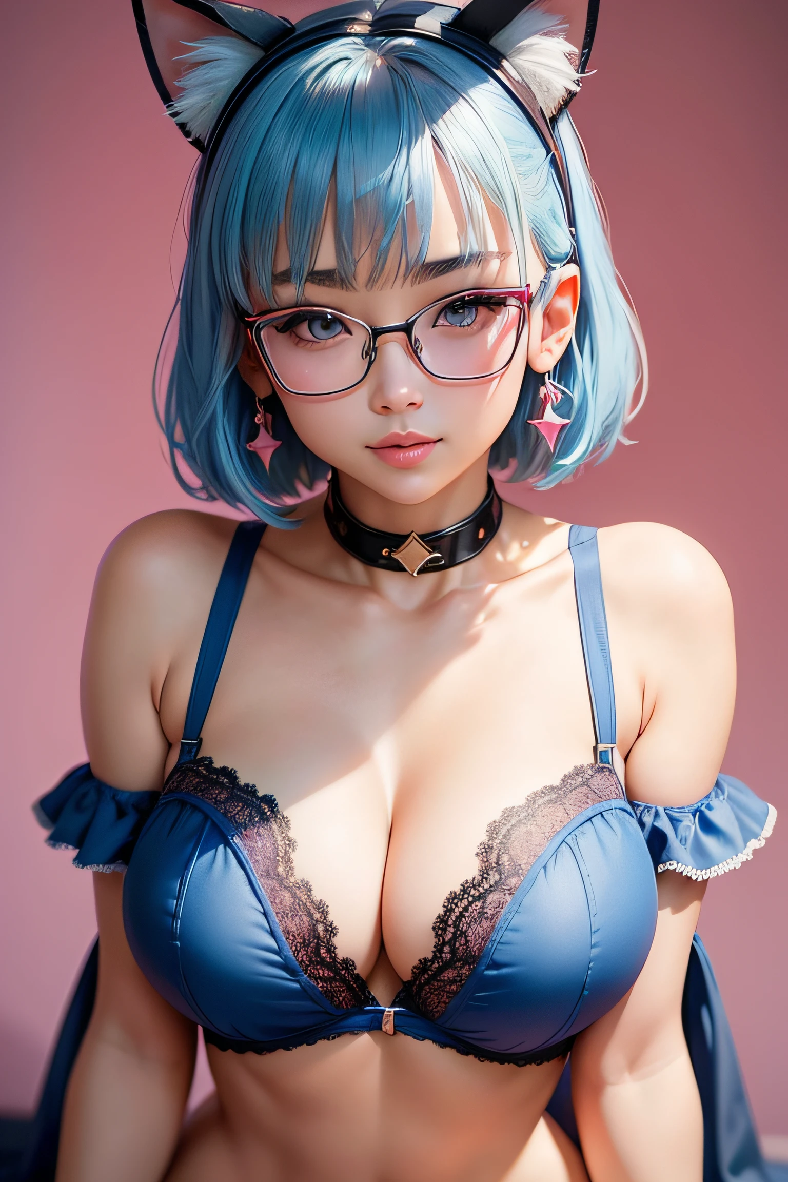 1girl, cute japanese girl, big eyes, sensual face, seductive smile, solo, short hair, erotic lace bra, pink cat ears headband, collar, collarbone, red sensual lips, off shoulder, perfect round breast, large breasts, cleavage, underboobs, erotic, glasses, blush, seductive smile, cute face, looking at viewer, sexy pose, blue background, light blue hair, simple background, sexy pose, blue eyes, lips, closed mouth, ribbon, hair ribbon, stellar earings, bangs, parted bangs, pink ribbon, nose