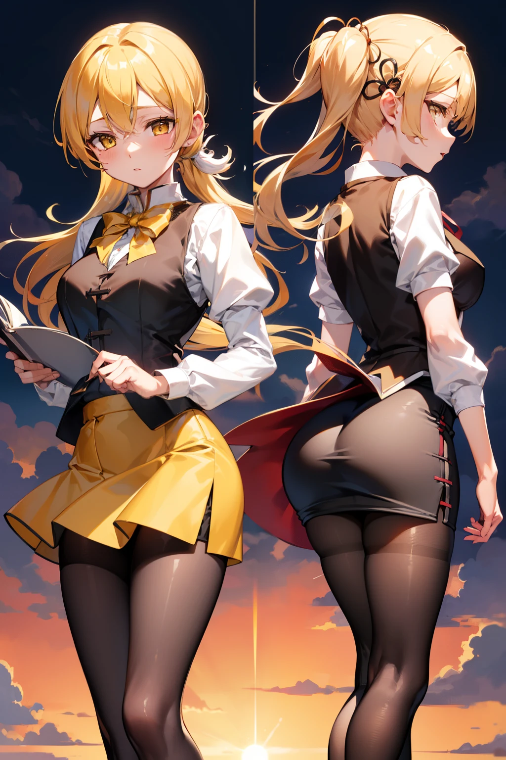 masutepiece, Best Quality, 1girl in, (Mami Tomoe), Blonde hair, poneyTail, length hair, (Yellow eyes:1.2), evening, Sunset,、((s ass))、((pencil skirts))、((Office Suits))、((Blouse))、((Black miniskirt))、((pantyhose))、((high-heels))、((vests))、((posterior view))