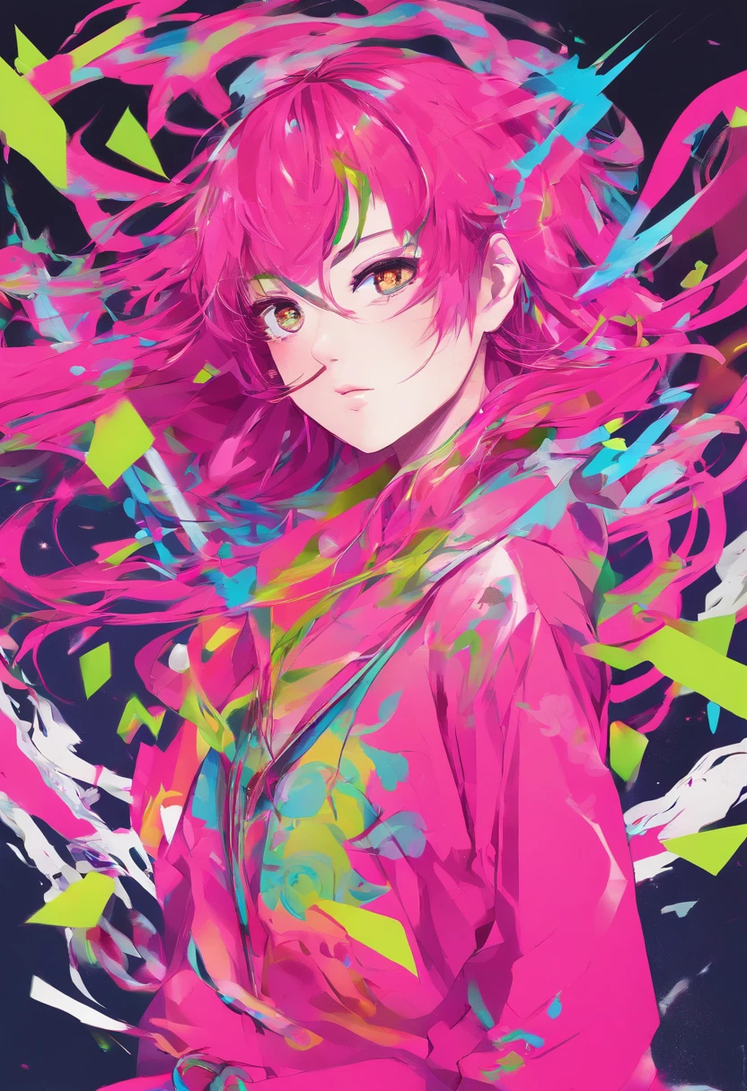 Fluorescent pink hair、Fluorescent Green Clothing、neon color、Vivid Color、battle garments、length hair、illustratio、Saturated colors、Dynamic angles、dynamicposes、Rin々Shishi Face、Dynamism、Two people、frontage、simultaneous、Attack Motion、Facing the front、Saturated colors、a man and a girl