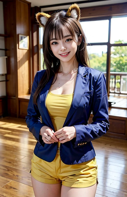 Young Girl, Brown hair, 2 loaves, Golden Eyes, Tiger ears, chinese yellow and blue dresses, Shorts, Ironbound Blazer, winc, Smile, masutepiece, hiquality