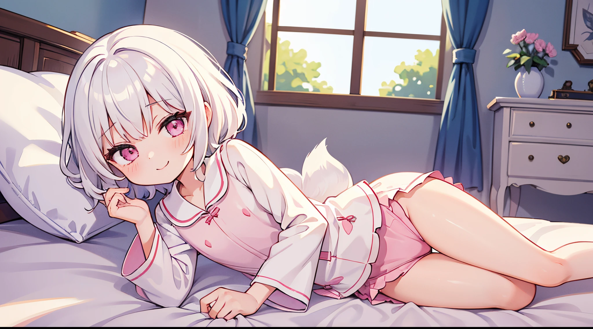 (masterpiece),(Top image quality),hight resolution,(Dainty and cute),(ighly detailed), 1girl, 独奏,illustratio,Fantasia,short,white hair,perm,s Pajamas,Pink eyes,Smaller chest,a smile,Background through,on the beds