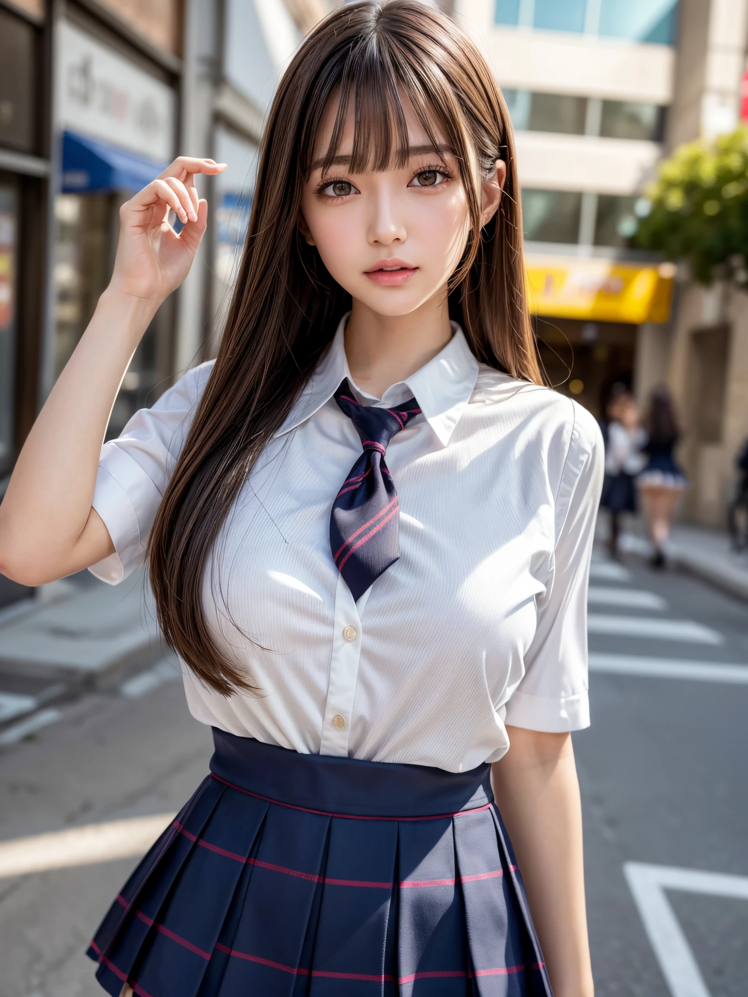 8k,best quality, masterpiece, ultra detailed, ultra high res, photorealistic, raw photo, absurdres, absolutely resolution, (1girl), upper body , looking at viewer,a Japanese young pretty girl, Japanese idol,hyper cute face, glamorous figure, gigantic breasts,long bob hair,smile,(school uniform :1.3), Walking through crowded city streets ,glossy lips, double eyelids in both eyes, natural makeup, long eyelashes, shiny smooth light brown long bob hair, asymmetrical bangs, shiny skin, central image, high resolution, high detailing, detailed hairstyle, detailed face, spectacular movie lighting, octane rendering, vibrant, hyper realistic, perfect limbs, perfect anatomy