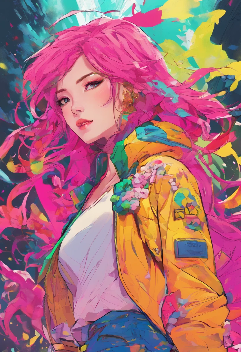 Fluorescent pink hair、Fluorescent Green Clothing、neon color、Vivid Color、battle garments、length hair、illustratio、Saturated colors、Dynamic angles、dynamicposes、Rin々Shishi Face、Dynamism、Two people、frontage、simultaneous、Attack Motion、Facing the front、Saturated colors、a man and a girl