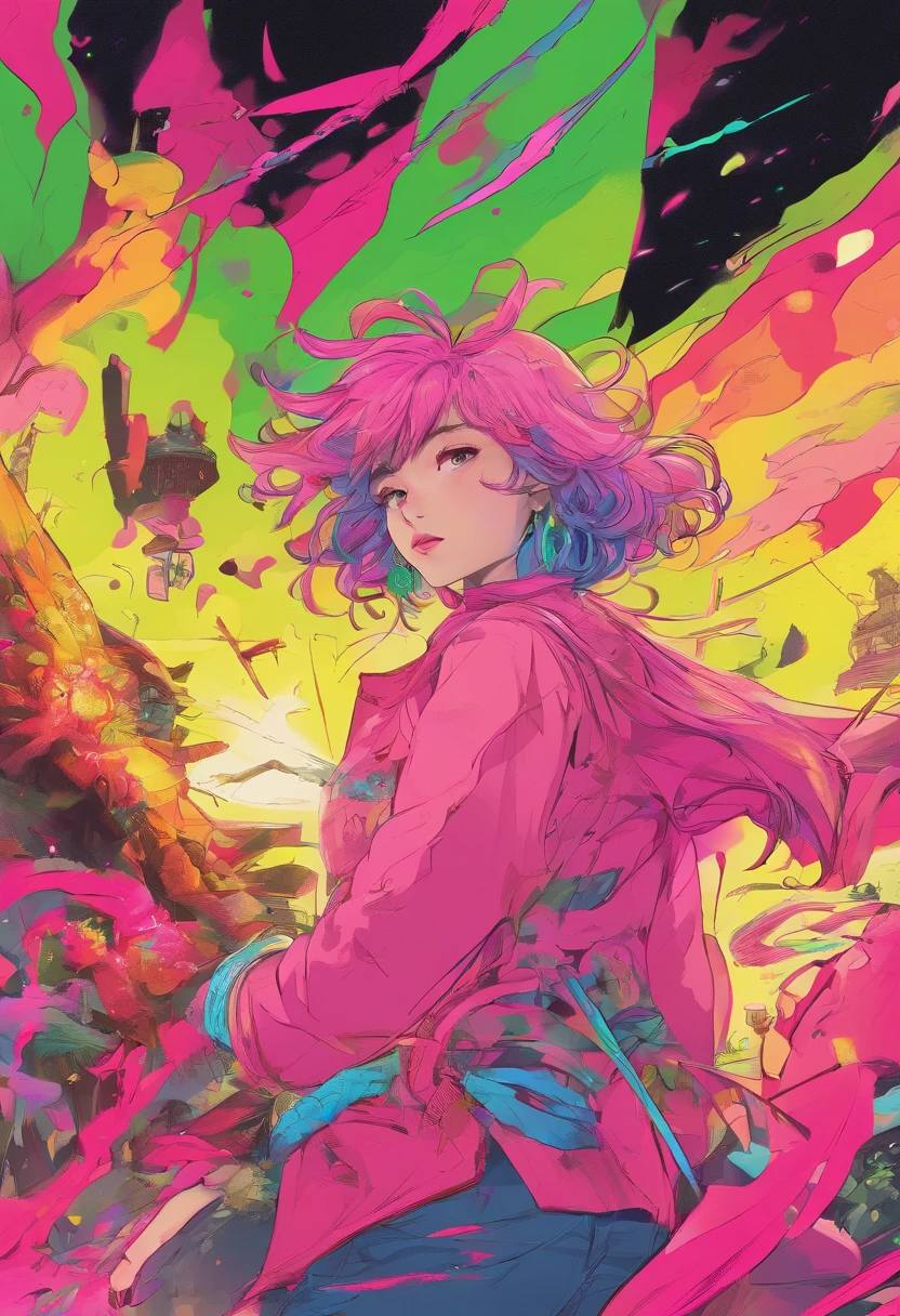 Fluorescent pink hair、Fluorescent Green Clothing、neon color、Vivid Color、battle garments、length hair、illustratio、Saturated colors、Dynamic angles、dynamicposes、Rin々Shishi Face、Dynamism、Two people、frontage、simultaneous、Attack Motion、Facing the front、Saturated colors、a man and a girl