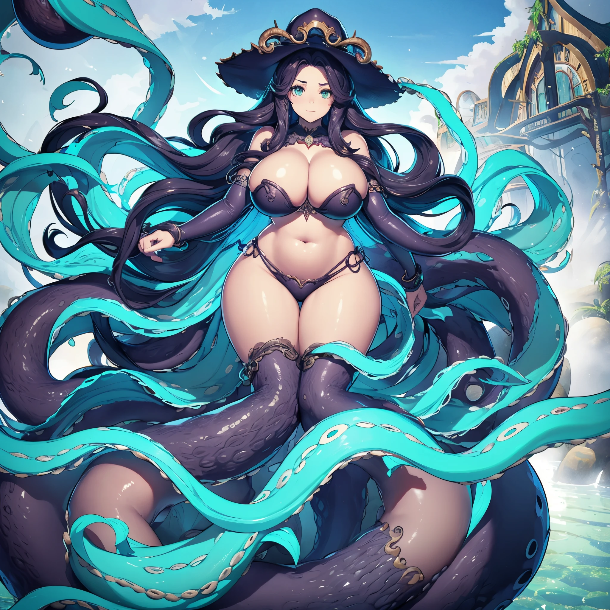 Monster Girl, Kraken, femele, Below the deep sea, Ancient gods, Wavy curly hair, Behemoths of the Sea, Summon Octopus Tentacles, Gentle personality, Lord of the seas, The upper body is in human form, A plump chest, Slim and tight waist, The lower body is made up of octopus tentacles, Wearing a priest hat, Huge body, Great power, UHD, masterpiece, ccurate, high quality, highres, best quality, 16k