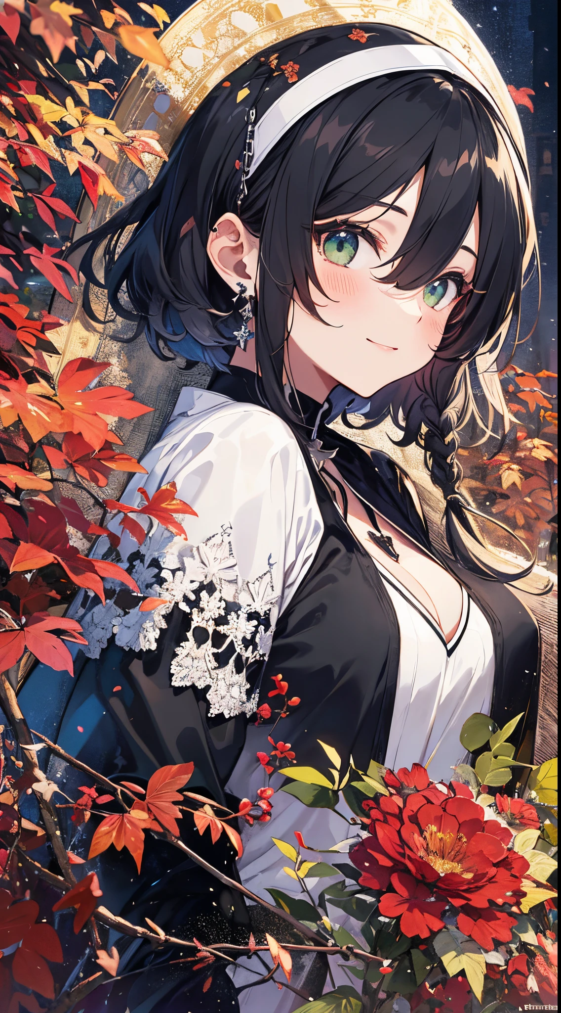 ((tmasterpiece:1.4, Best quality at best))+, (hyper-detailing)+, (Green-eyed:1.5)+, (winged ears:1.5), (cute girls), (Exquisite black nun dress:1.5), Short hair details, Long braids on both sides, (wariza:1.2), pale-skinned, (white cloth:1.5), (black sash,,black long pants:1.4), dense fog, metal chains,red flower,Autumn leaves,baiyun,White wings,crosses,Chis,(Angel nuns:1.1), (dawn light:1.2), ), (Close-up cleavage:1.1), (elevation perspective:1.3), fingersmile, light blush, forehead jewel, Colored inner hair, Striped hair, black color hair, god light,The halo,