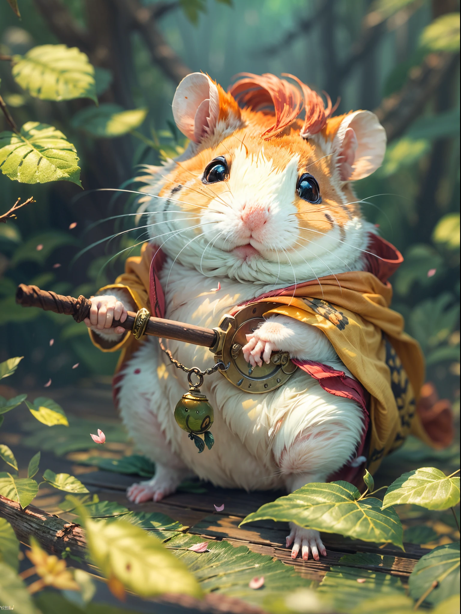 (adventurous hamster:1.1),japanese style,illustration,ultra-detailed,professional,portrait,small animal,animal friendliness,cute little creature,soft fur,curiosity,playful expression,roaming freely,exploring unknown territories,wooden sword and shield,fantasy,brave and fearless,amazing backdrop,lush green forest,serene environment,colorful flora and fauna,floating cherry blossom petals,tranquil atmosphere,sunlight filtering through the trees,subtle shadows,dappled light,dawn or dusk scene,vibrant colors,harmonious composition,fantastical creatures join the adventure,whimsical ambiance