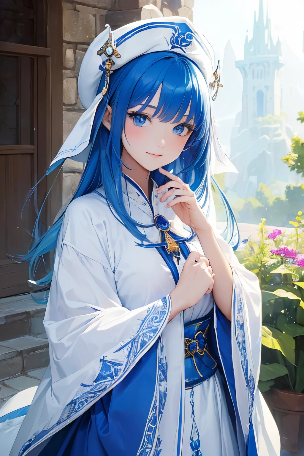 (((Masterpiece、top-quality、high-detail、High and fine)))、cowboy  shot、1人、(((fantasy priestess)))、petite girl in、(((Bright blue hair)))、Brilliant blue eyes、pure white simple robe、slim long skirt、Deep slit、Gentle smile