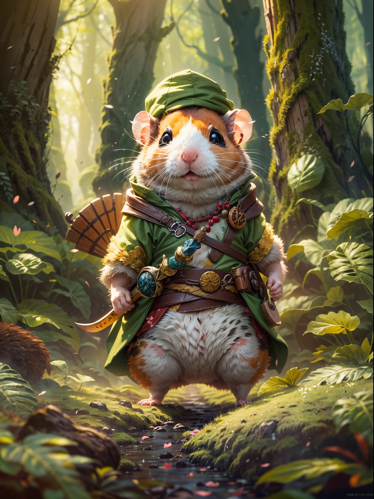 (adventurous hamster:1.1),hamster dressed as an adventurer, japanese style,illustration,ultra-detailed,professional,portrait,small animal,animal friendliness,cute little creature,soft fur,curiosity,playful expression,roaming freely,exploring unknown territories,wooden sword and shield,fantasy,brave and fearless,amazing backdrop,lush green forest,serene environment,colorful flora and fauna,floating cherry blossom petals,tranquil atmosphere,sunlight filtering through the trees,subtle shadows,dappled light,dawn or dusk scene,vibrant colors,harmonious composition,fantastical creatures join the adventure,whimsical ambiance