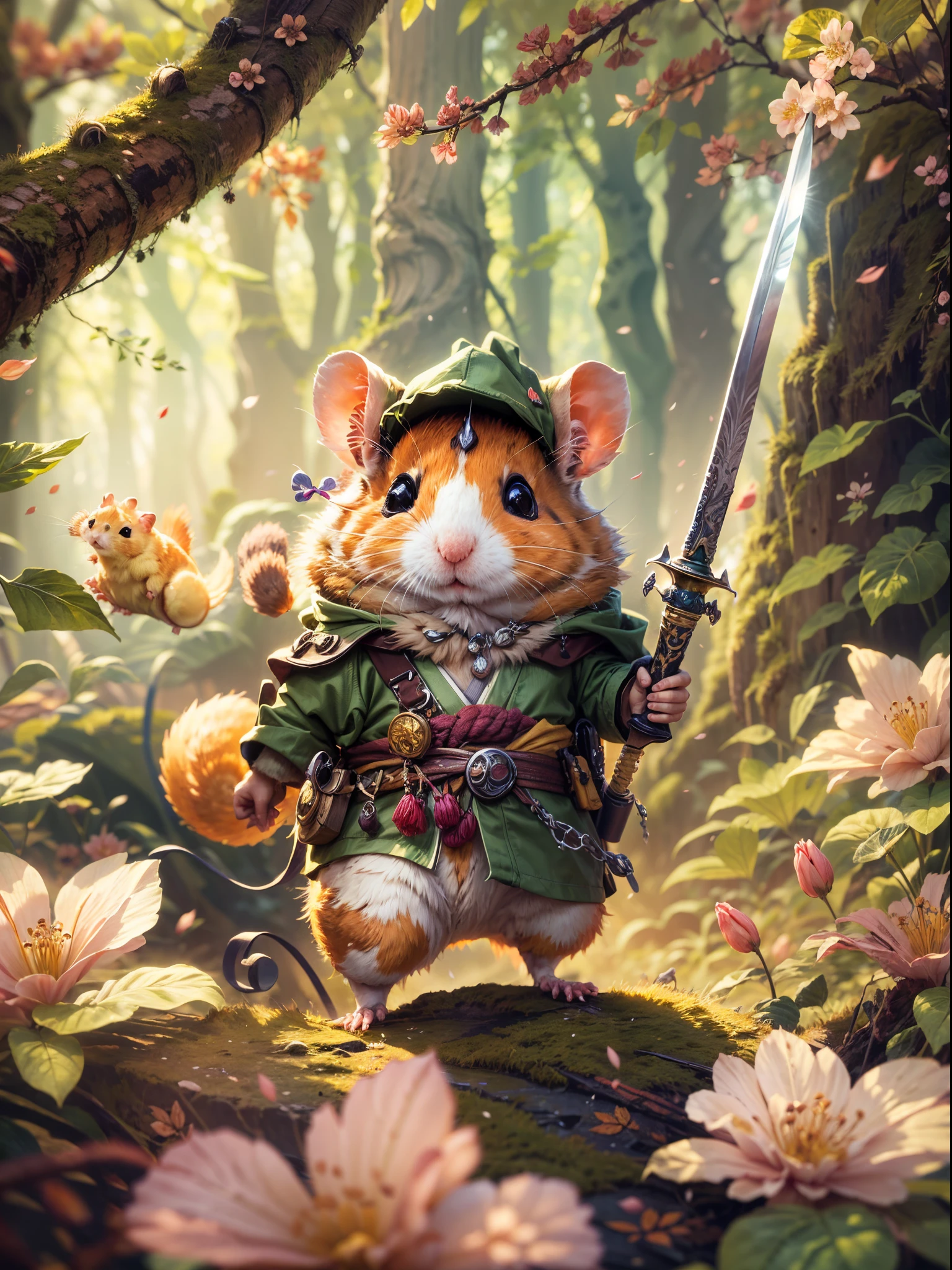(adventurous hamster:1.1),hamster dressed as an adventurer, japanese style,illustration,ultra-detailed,professional,portrait,small animal,animal friendliness,cute little creature,soft fur,curiosity,playful expression,roaming freely,exploring unknown territories,wooden sword and shield,fantasy,brave and fearless,amazing backdrop,lush green forest,serene environment,colorful flora and fauna,floating cherry blossom petals,tranquil atmosphere,sunlight filtering through the trees,subtle shadows,dappled light,dawn or dusk scene,vibrant colors,harmonious composition,fantastical creatures join the adventure,whimsical ambiance