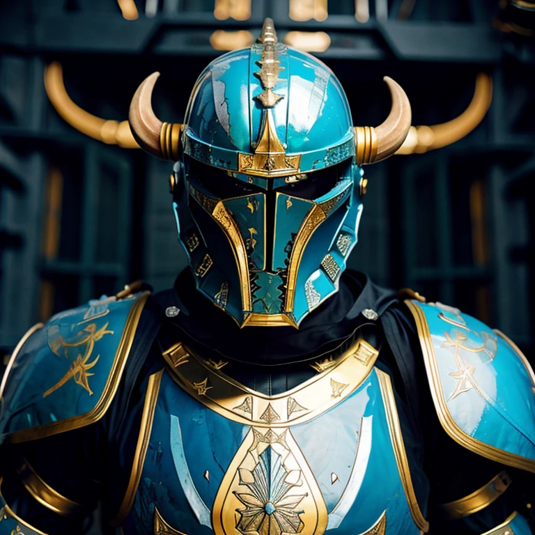 Hulking knight with horned helmet and blue armour