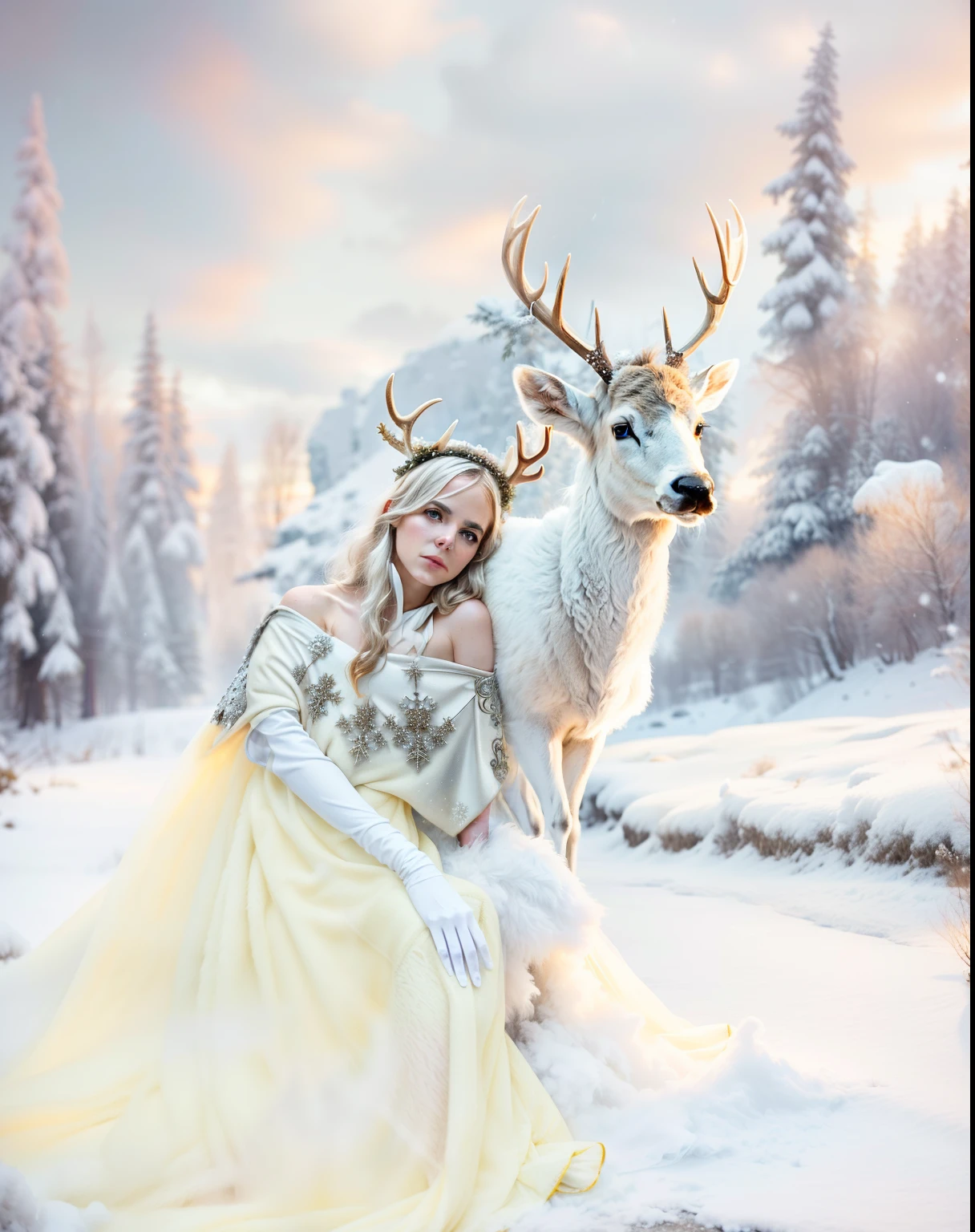 (Girl sitting with reindeer in the snow), (((((a cape made of deer skin falls from the shoulder into the foreground+++++))))), ((((turns smoothly into a snowdrift )))))), (put the deer&#39;s head on its side+++), (((graceful horns on the head))), Fantasy photography, fantasy matte painting, ((((Volume++)))), lost in a dreamy fairy landscape, The White Witch, Young woman with horns, beautiful nordic woman, with white deer, Realistic fantasy, photograph of pale ivory skin, Monia Merlo Placeholder Image, emma watson as the queen of ice